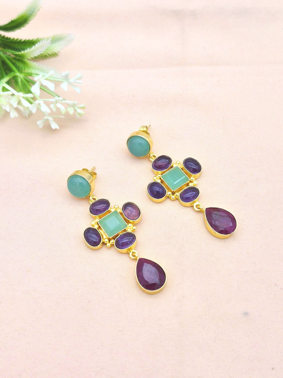 Stunning Gold Plated Dangle Earrings – Semi Precious Stone Jewelry