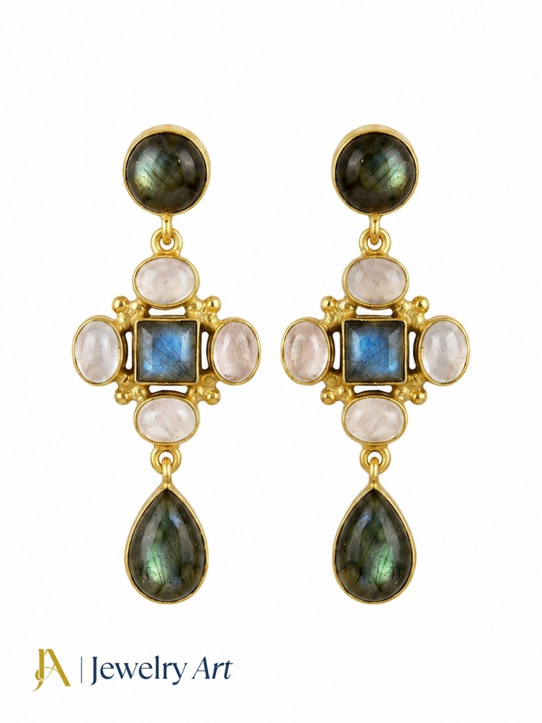 Gold plated labradorite and prehnite gemstone dangle earrings for women on pure white background.
