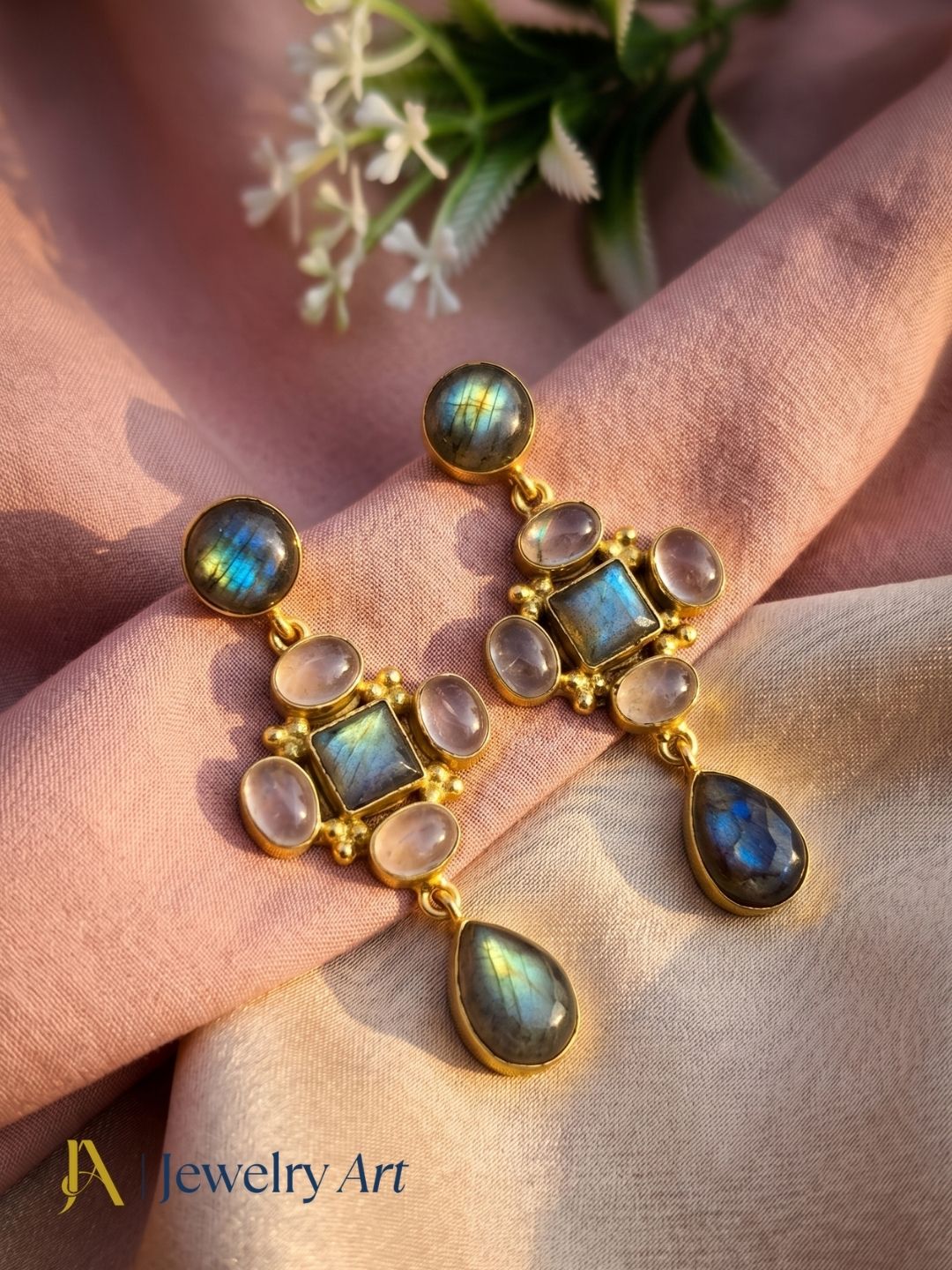 Gold plated labradorite and prehnite earrings showcased in luxury decorative jewelry styling
