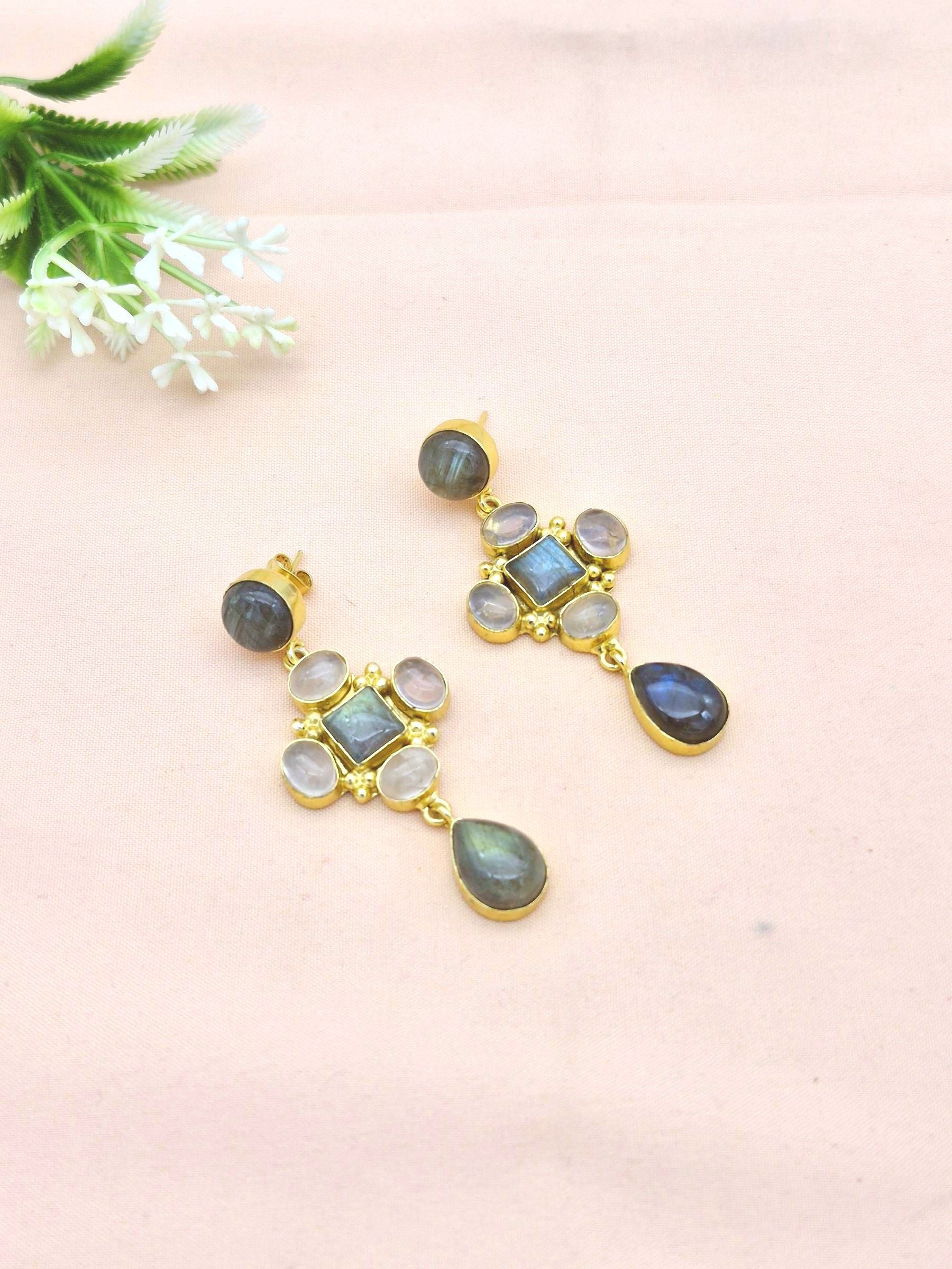Stunning Gold Plated Dangle Earrings – Semi Precious Stone Jewelry