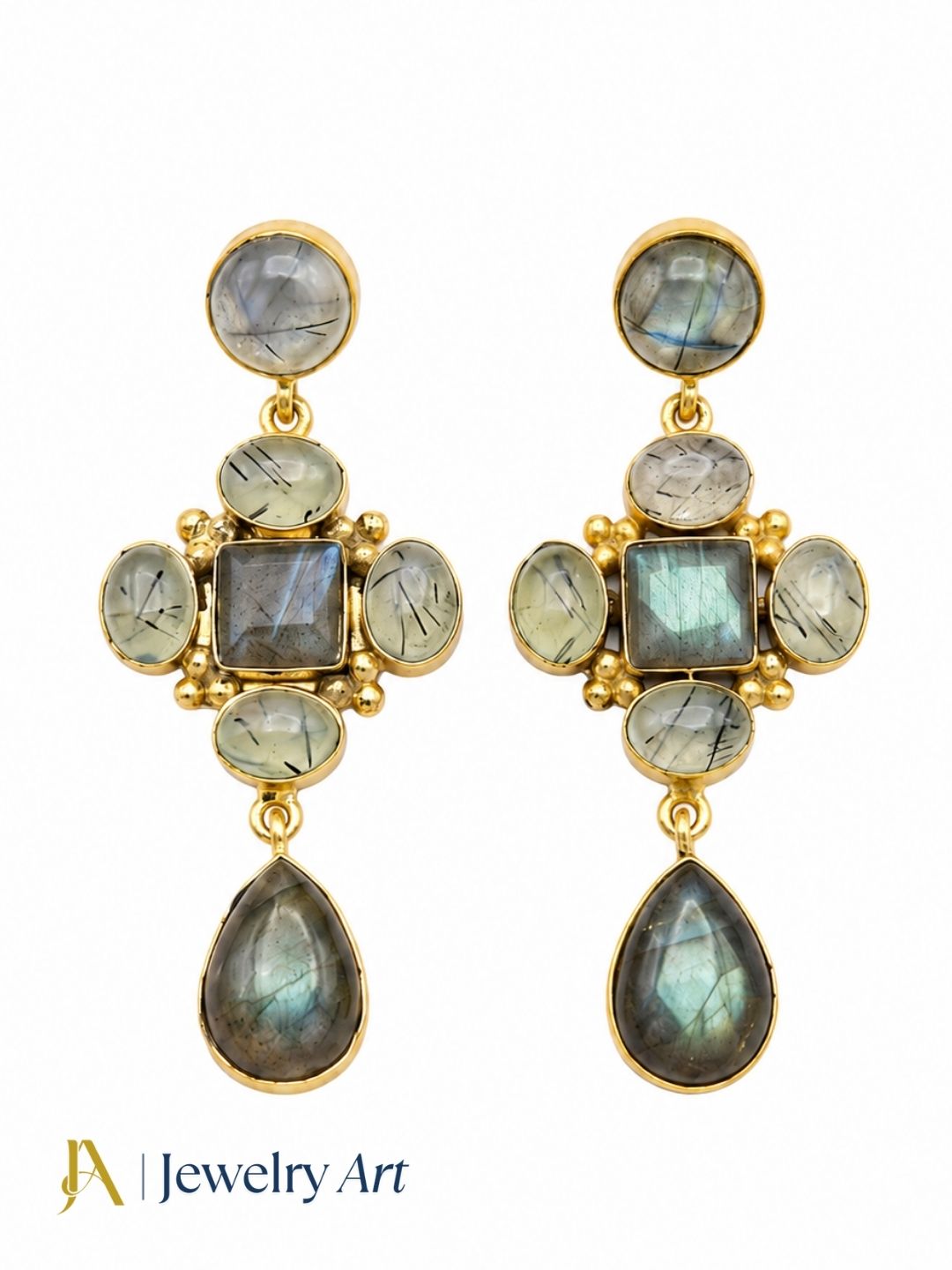 Handcrafted gold plated earrings featuring labradorite and prehnite stones
