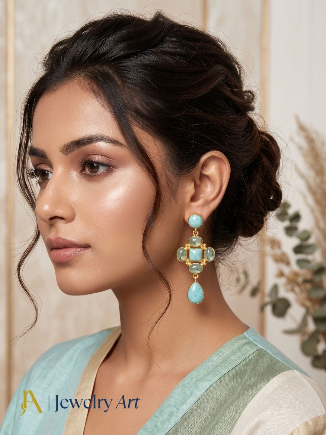 Contemporary fashion styling with amazonite and prehnite jewelry
