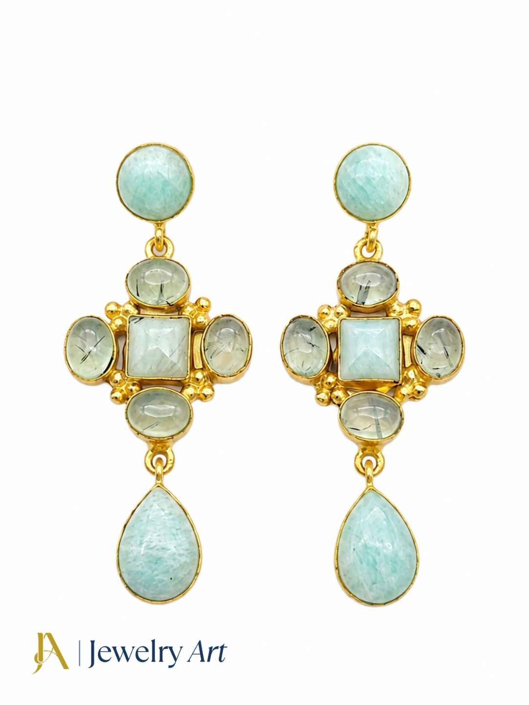 Gold plated amazonite and prehnite dangle earrings on white background for women
