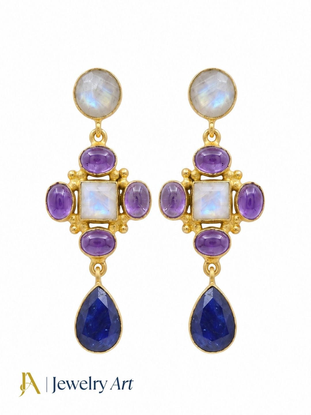 Designer white rainbow amethyst blue Hathipara gemstone earrings on pure white background
