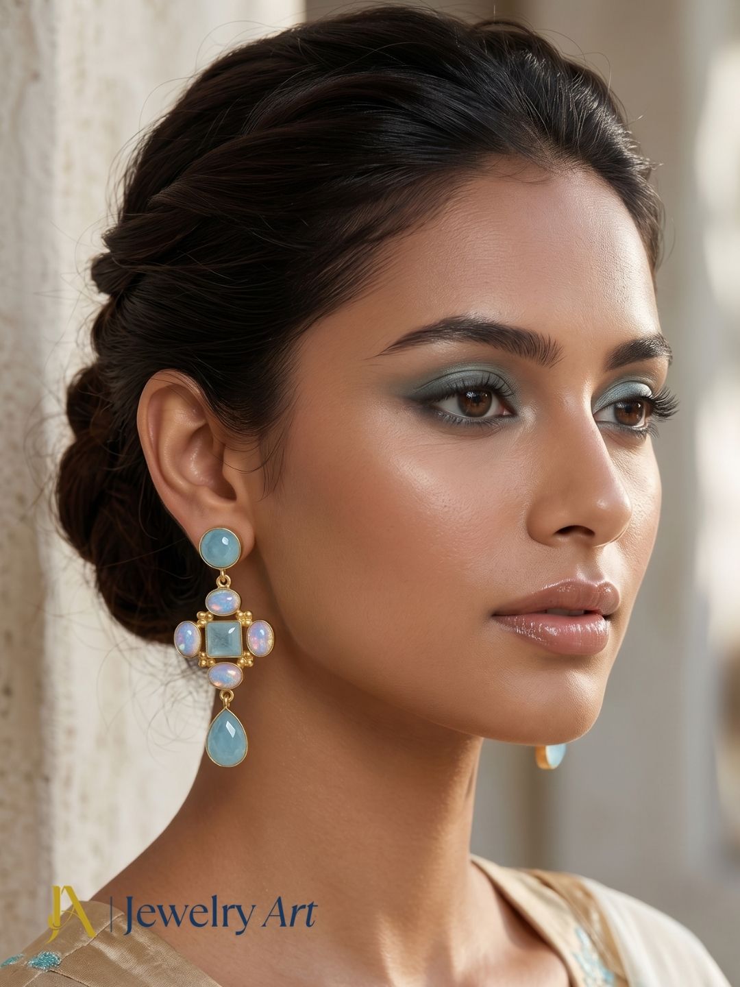 Model wearing lightweight gemstone earrings with aquamarine and synthetic opal accents
