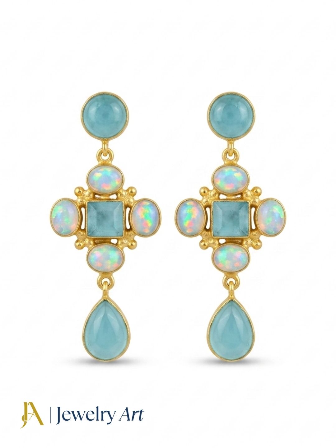 Lightweight aquamarine synthetic opal drop earrings with gold plated finish
