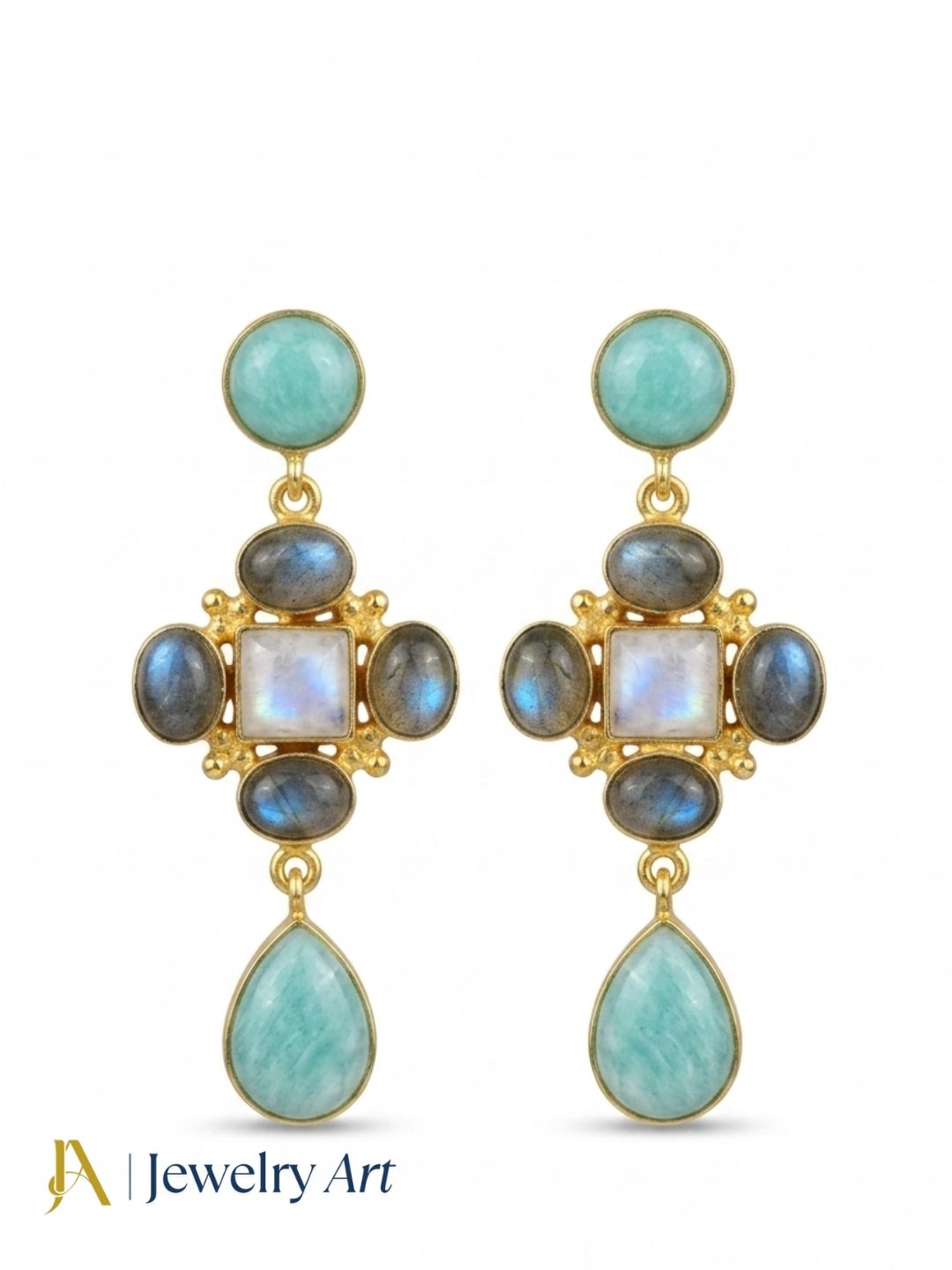 Elegant semi-precious gemstone earrings displayed on a pure white background
