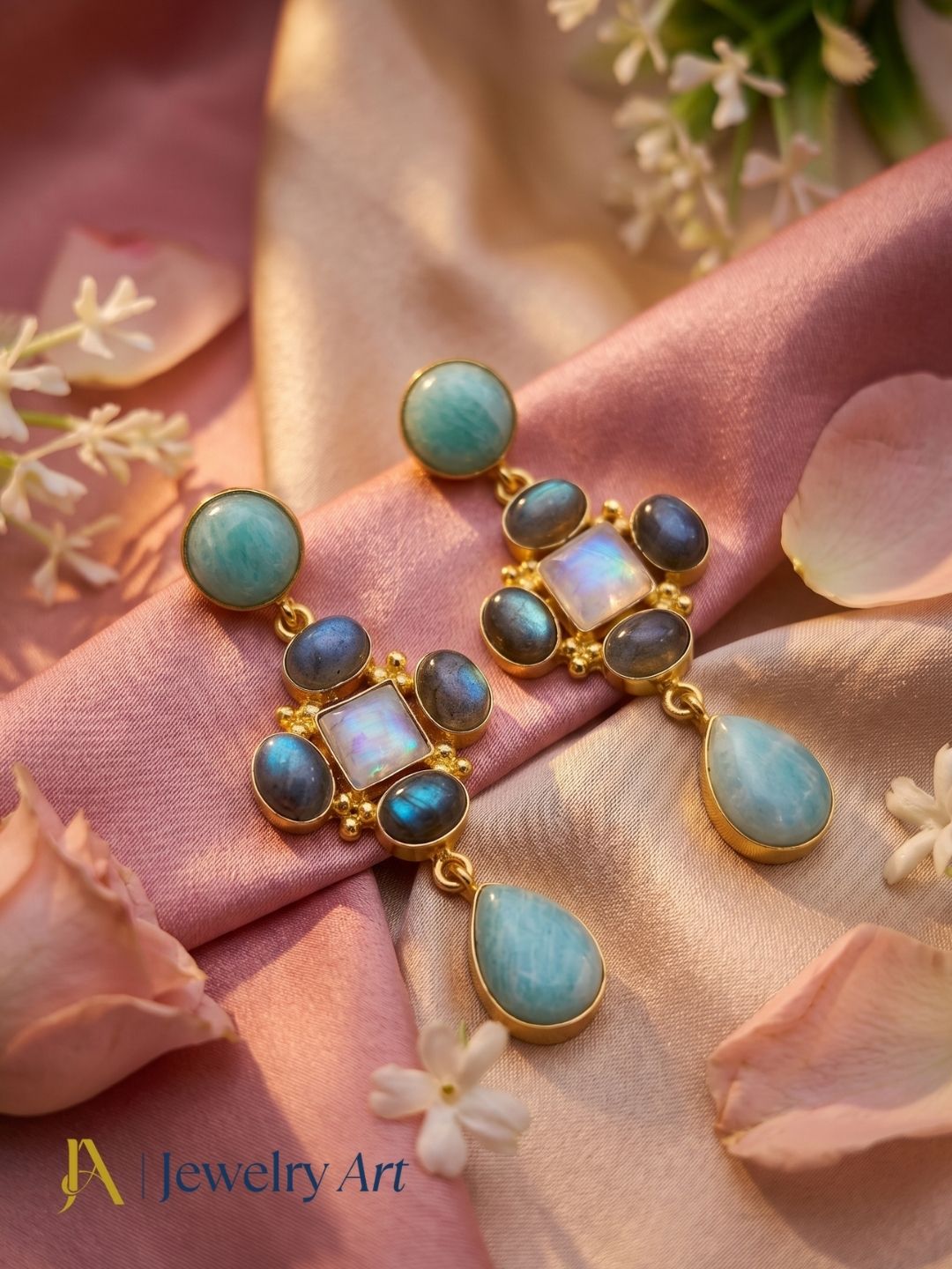 Decorative setup showcasing gold plated multi gemstone statement earrings
