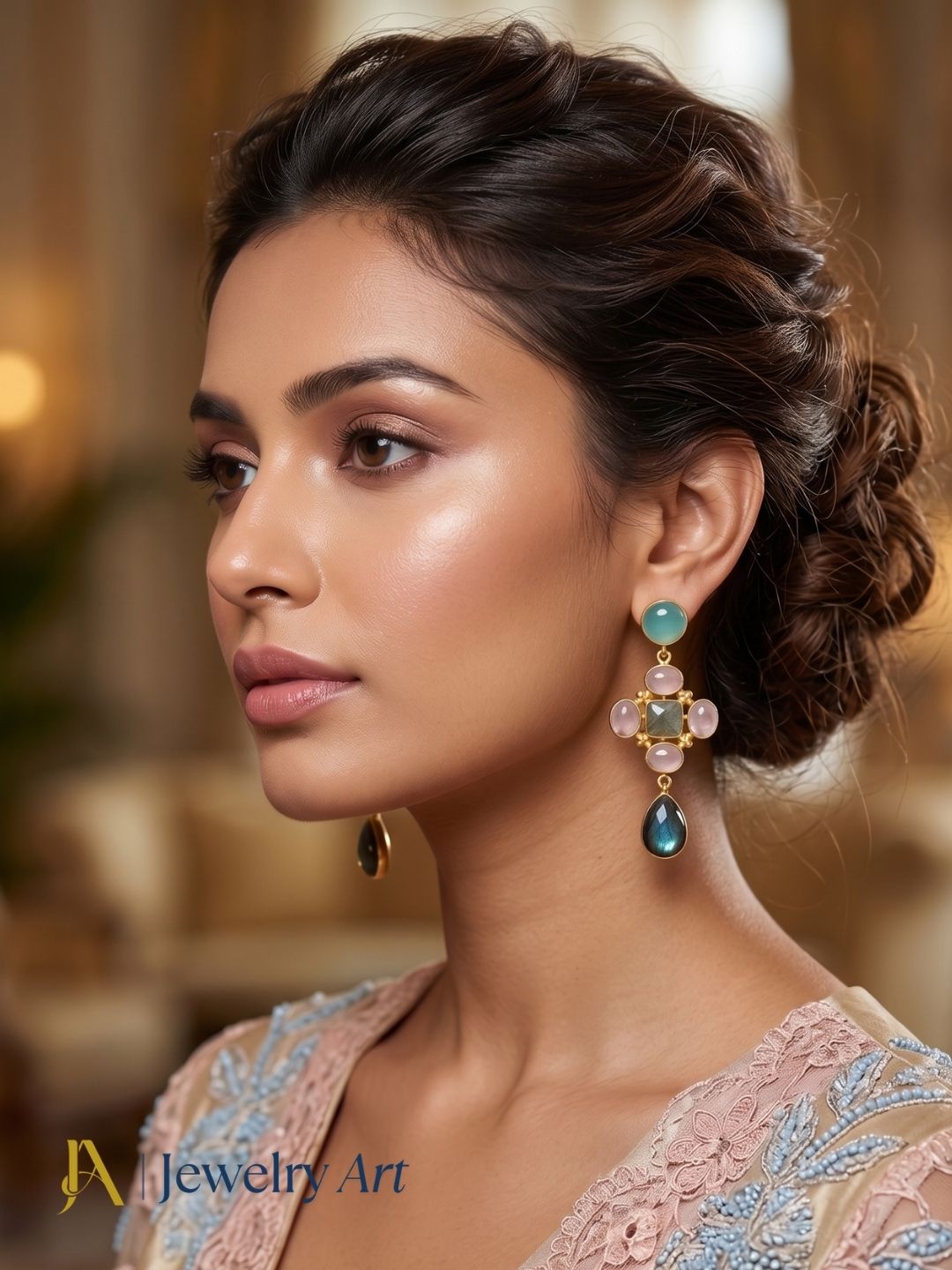 Model showcasing multi gemstone earrings with elegant designer styling

