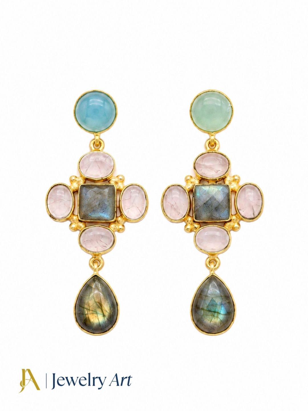 Gold plated chalcedony, rose quartz and labradorite dangle earrings on white background
