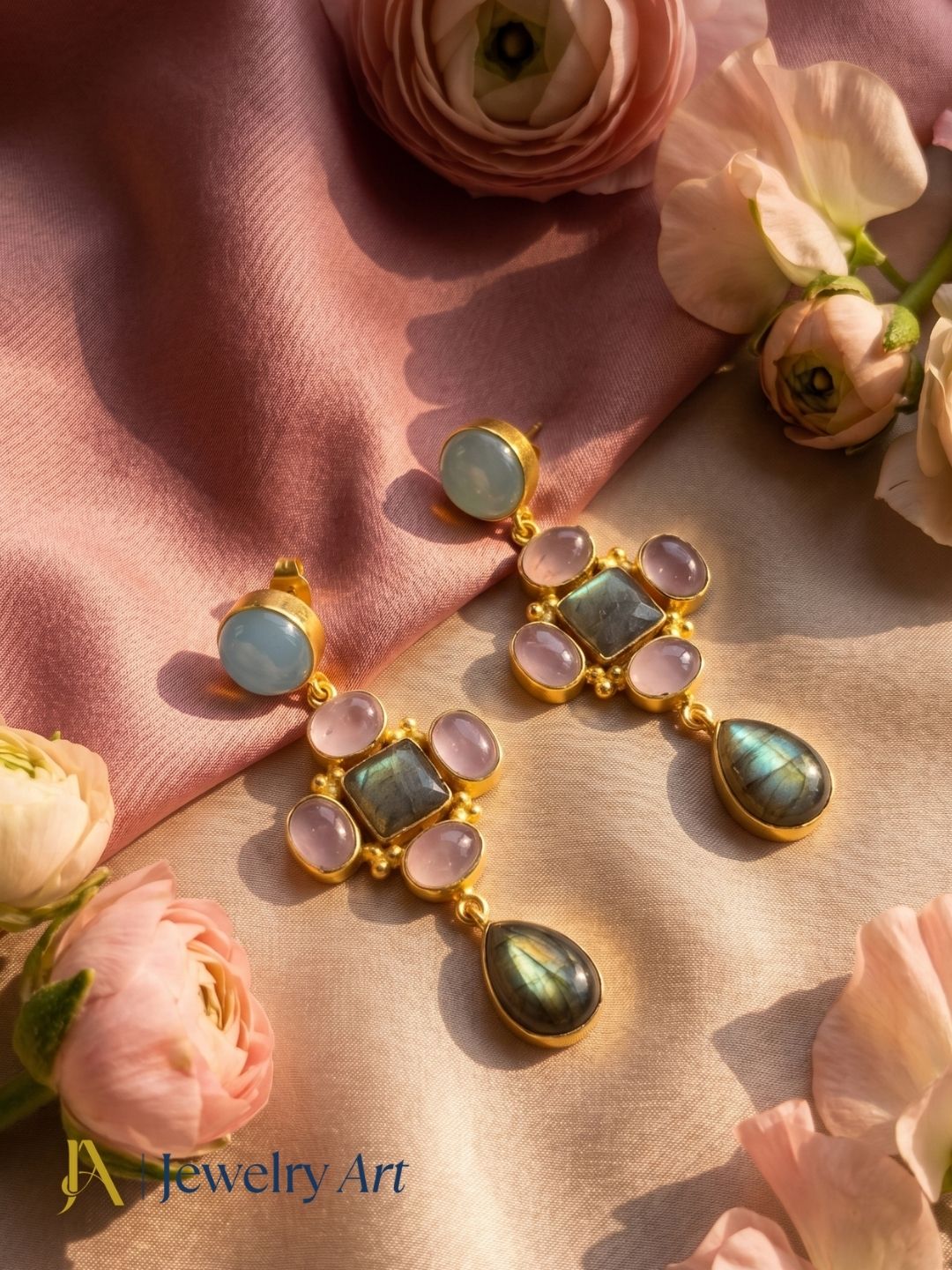 Creative jewelry arrangement featuring handcrafted multi gemstone earrings
