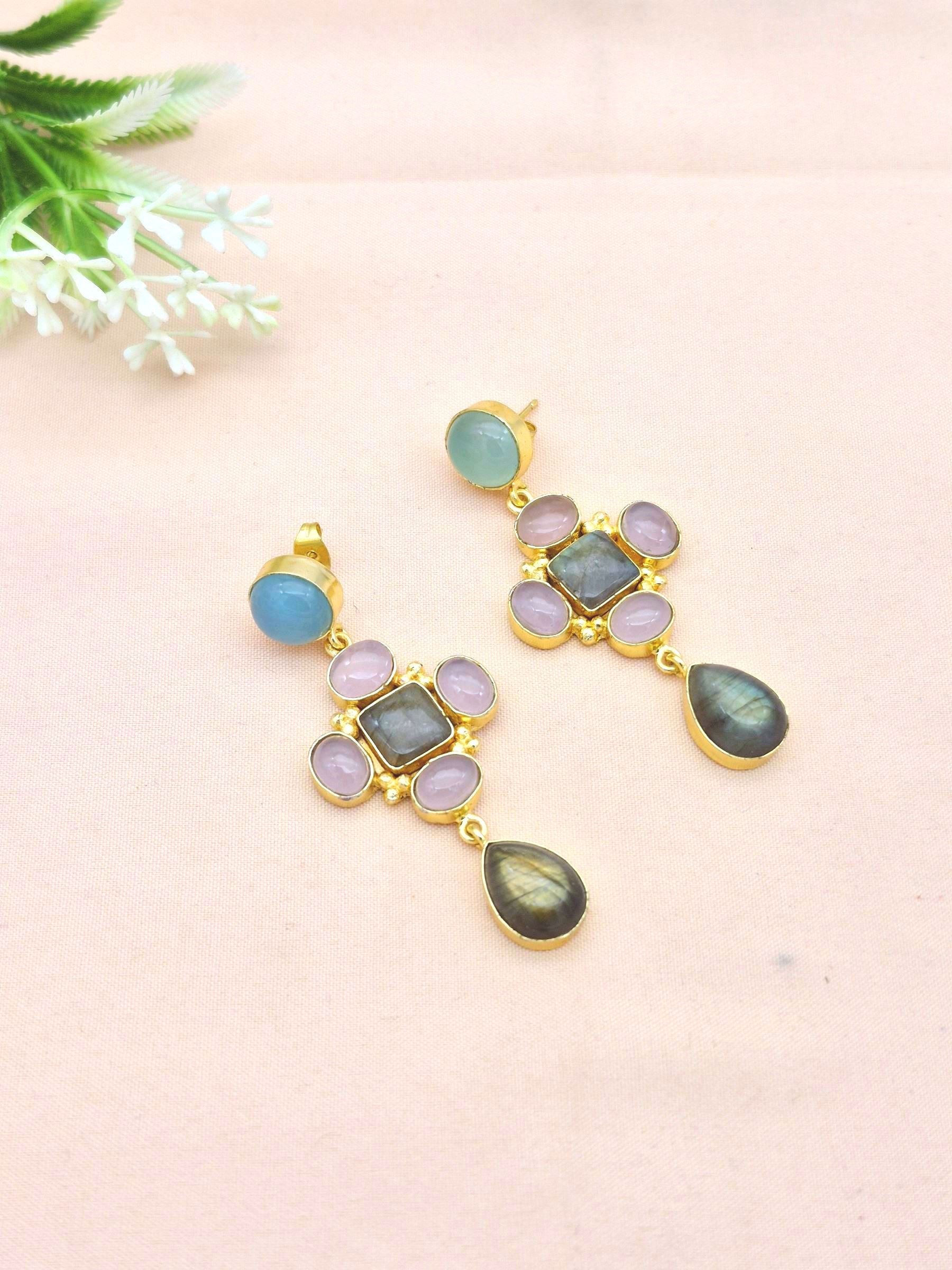Stunning Gold Plated Dangle Earrings – Semi Precious Stone Jewelry