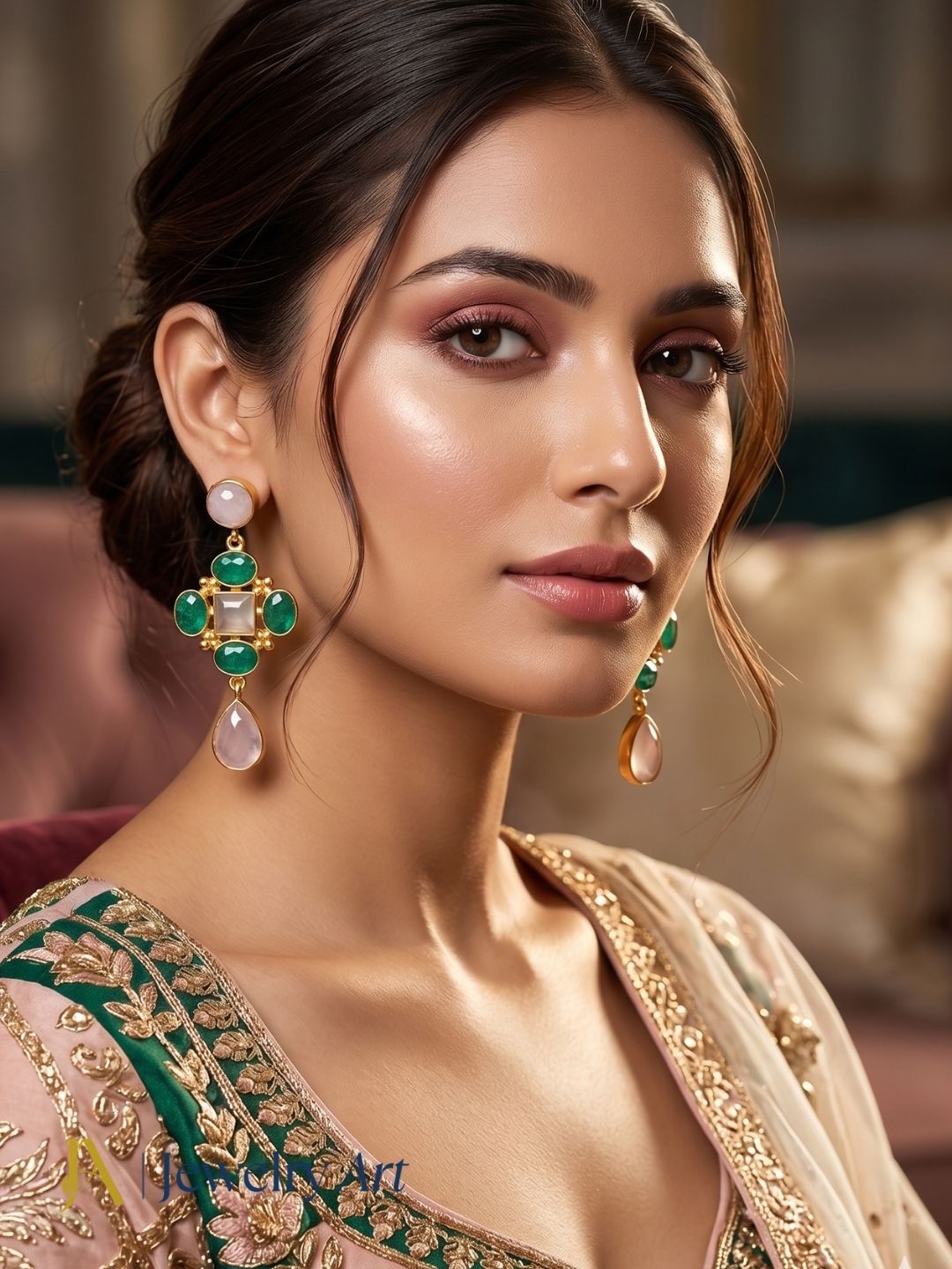 Elegant fashion portrait featuring rose quartz green Hathipara designer earrings
