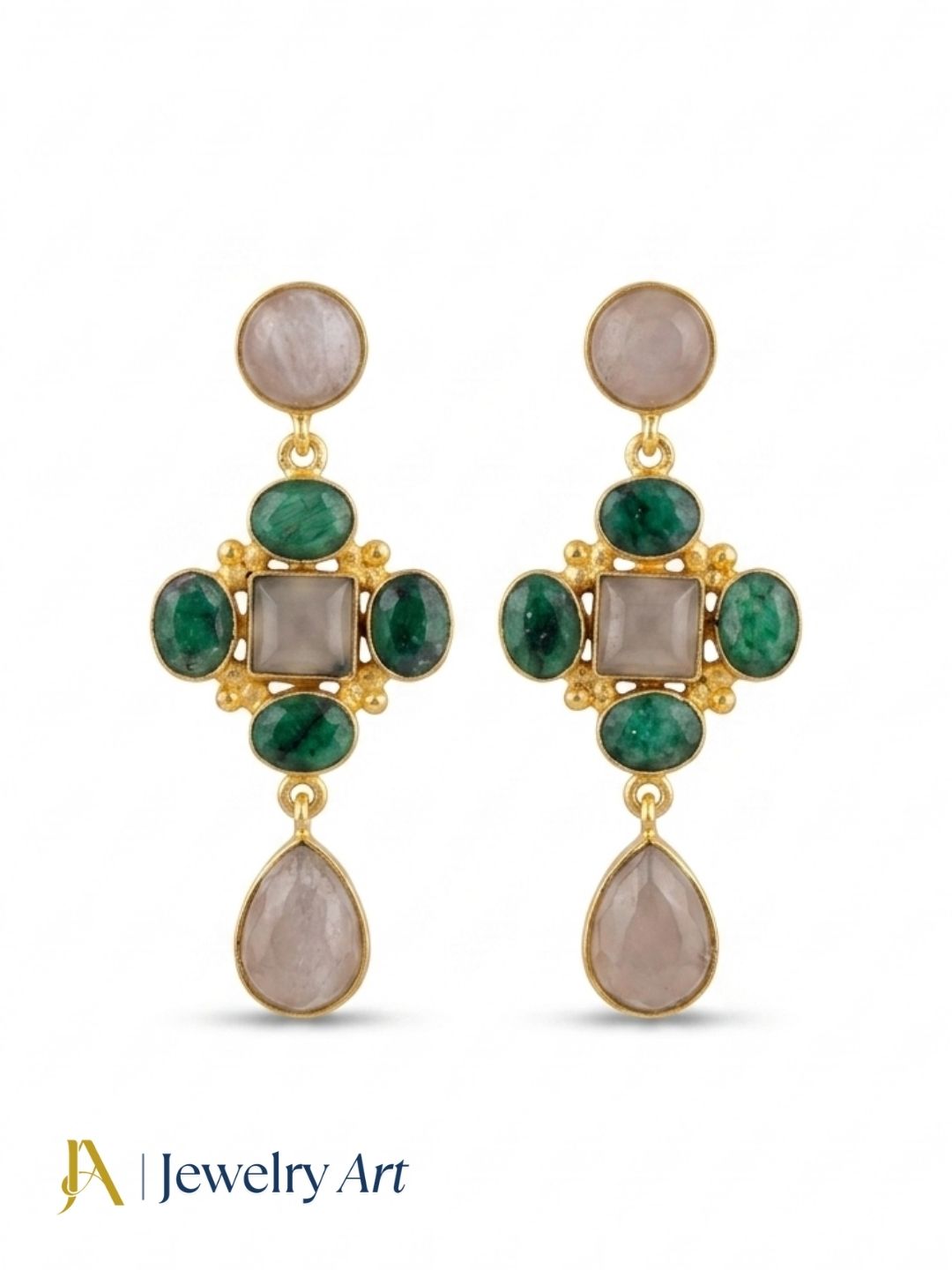 Luxury rose quartz and green Hathipara earrings isolated on pure white background
