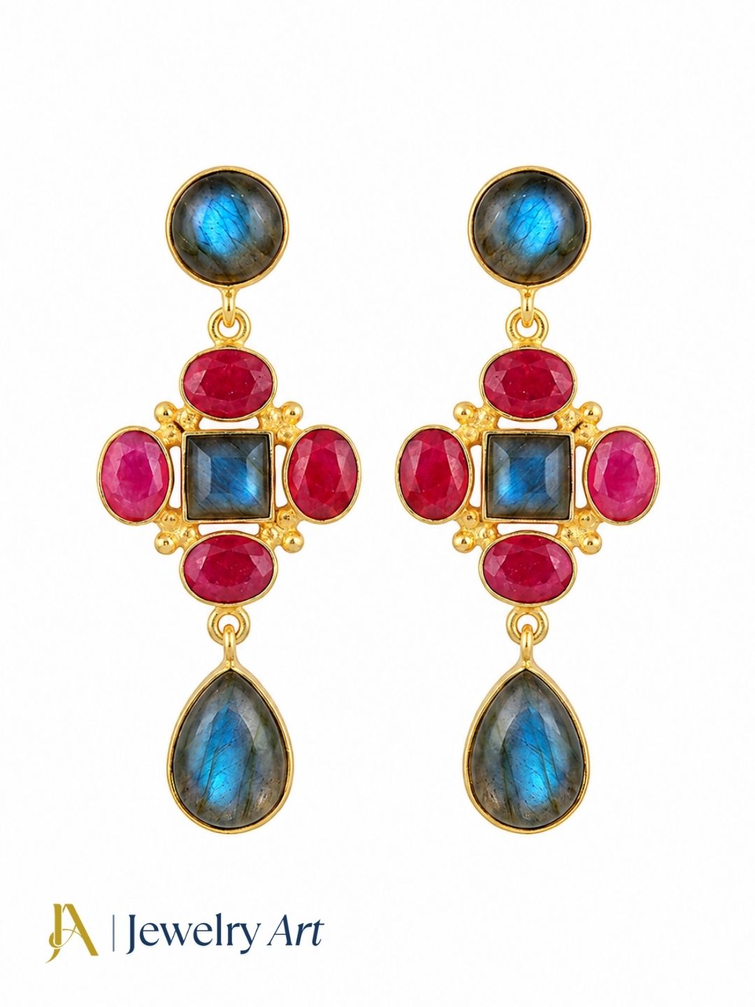 Handmade labradorite and red Hathipara drop earrings with elegant gold plated finish
