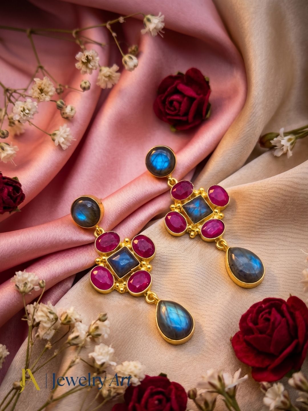 Premium decorative photography of handcrafted gold plated gemstone earrings
