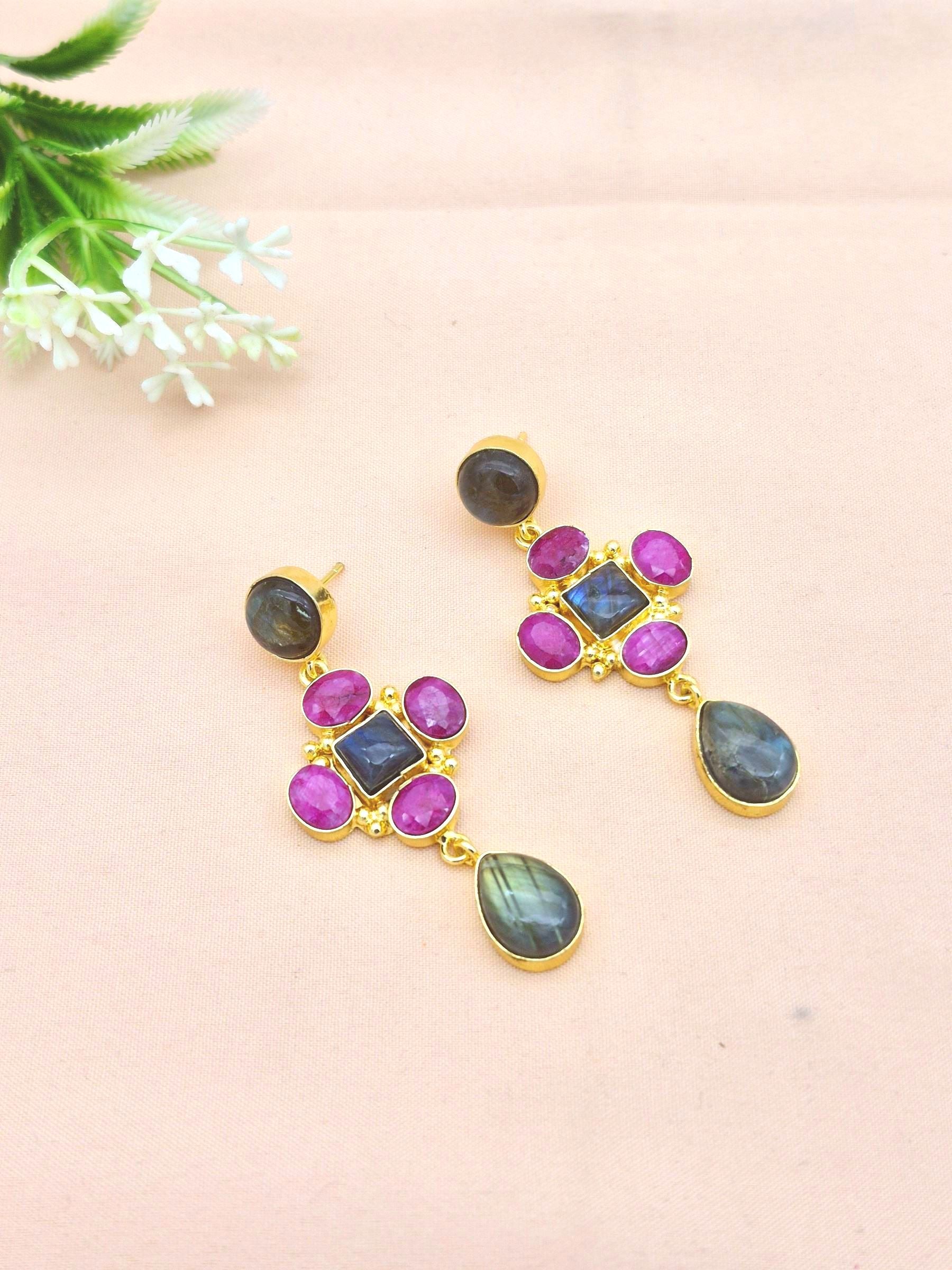 Stunning Gold Plated Dangle Earrings – Semi Precious Stone Jewelry