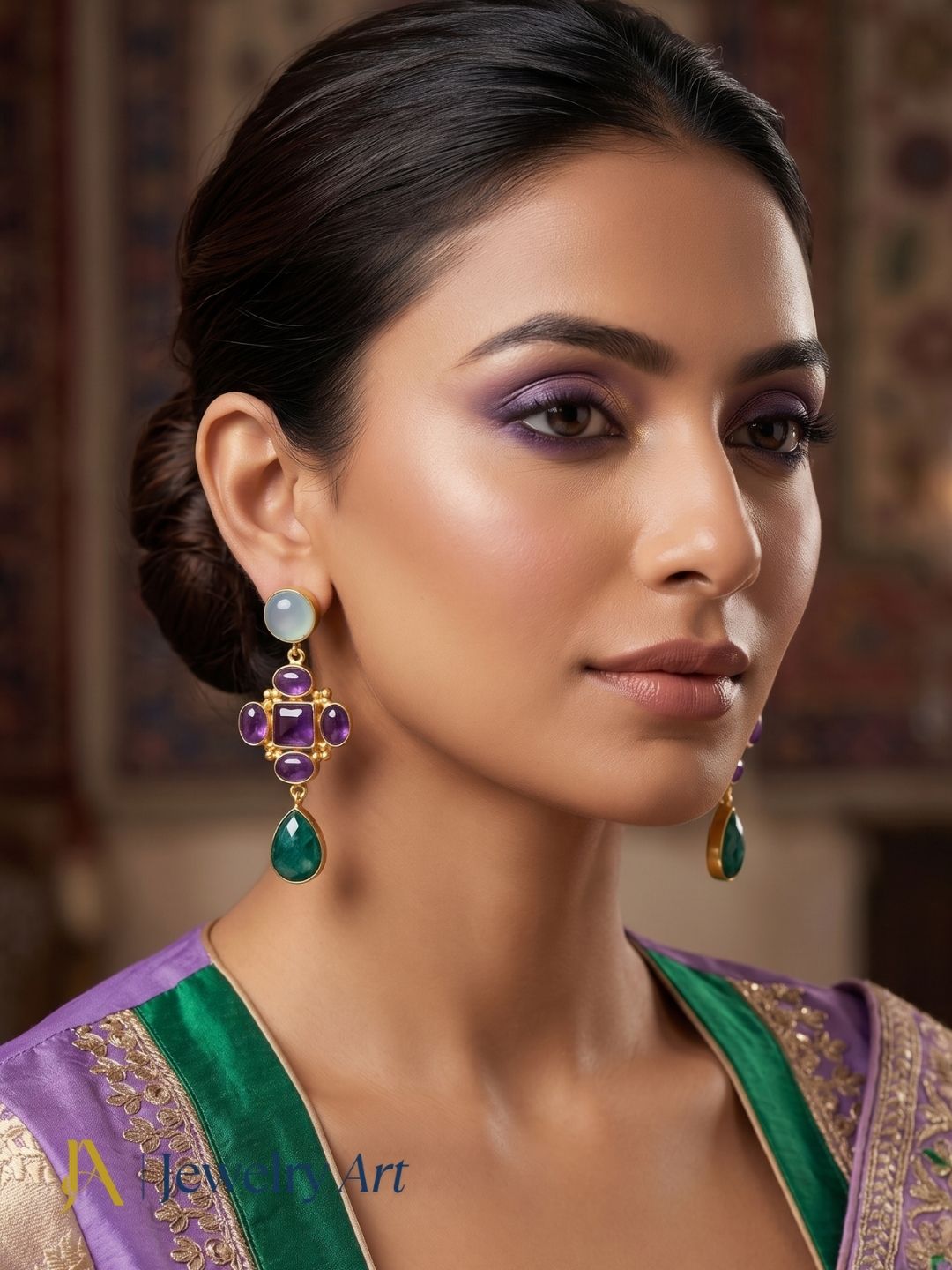 Woman styling chalcedony amethyst green Hathipara earrings with elegant fashion
