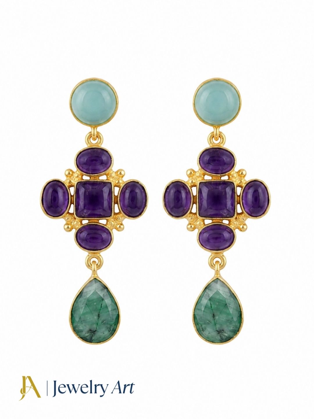 Designer chalcedony amethyst green Hathipara gemstone earrings on pure white background
