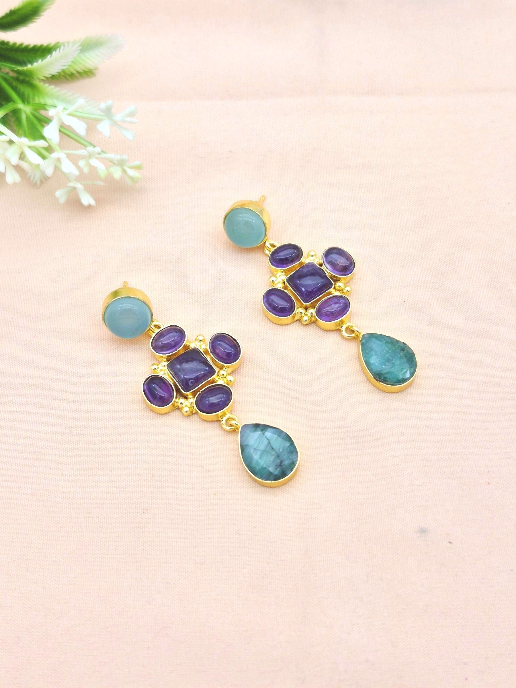 Stunning Gold Plated Dangle Earrings – Semi Precious Stone Jewelry