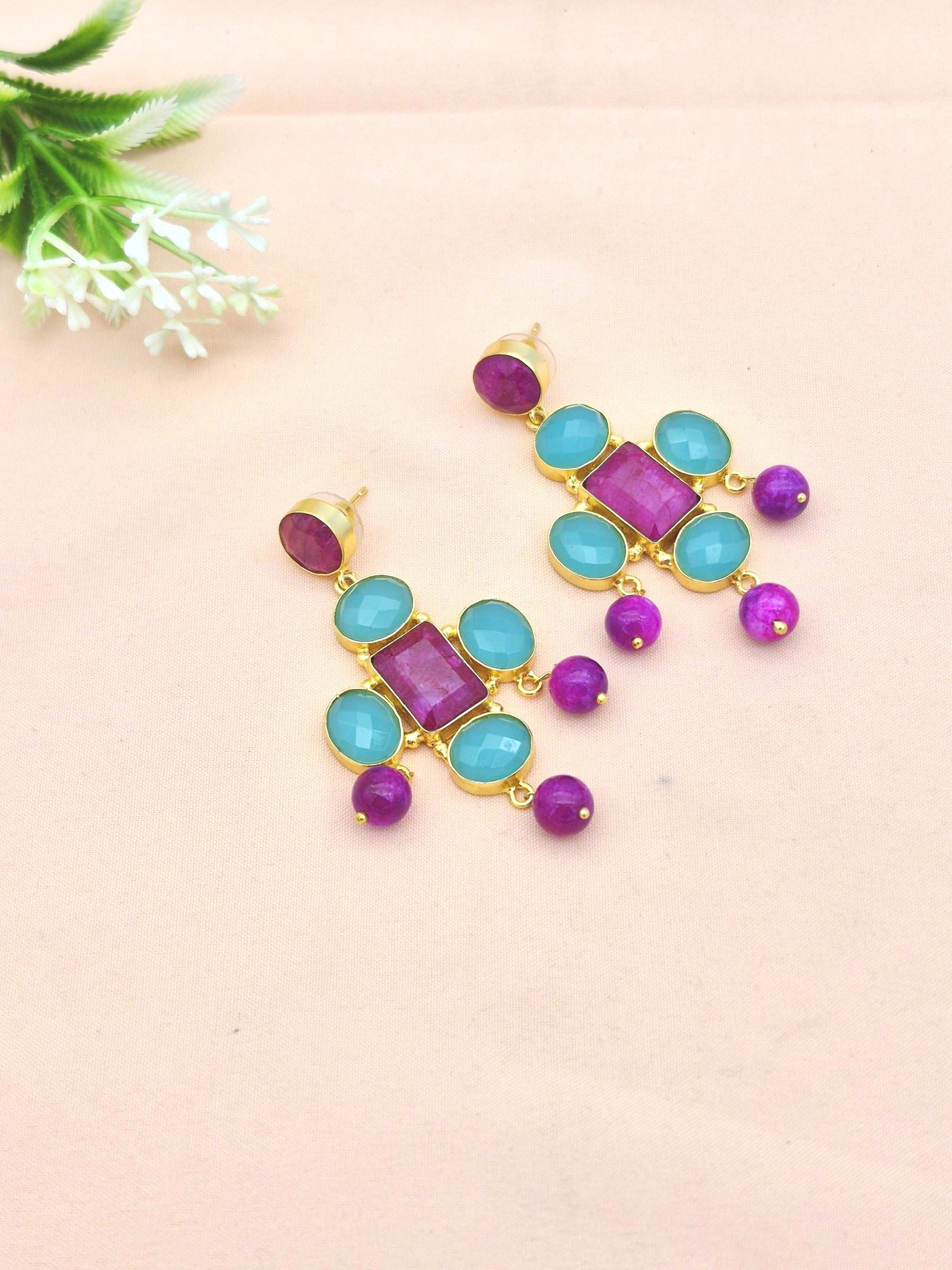Awesome Gold Plated Dangle Earrings – Semi Precious Stone Jewelry