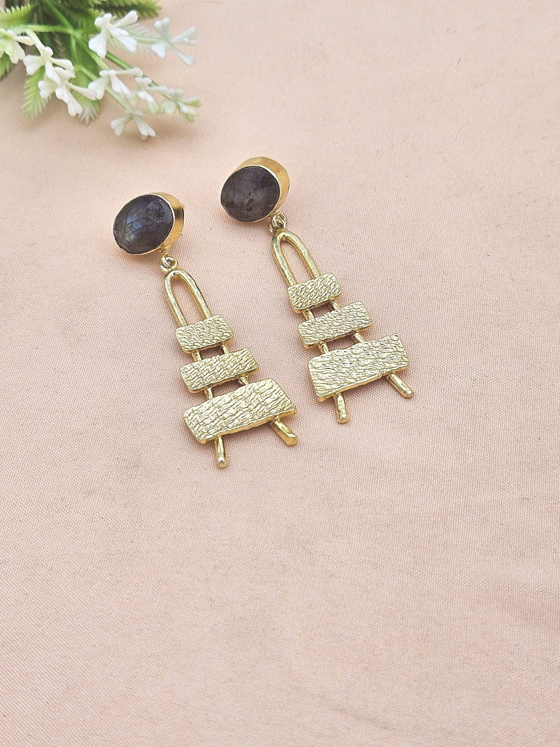 Stylish Labradorite Stone Dangle Earrings- Gold plated Handmade Jewelry for Women