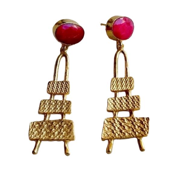 Stylish Red Hathipara Stone Dangle Earrings- Gold plated Handmade Jewelry for Women
