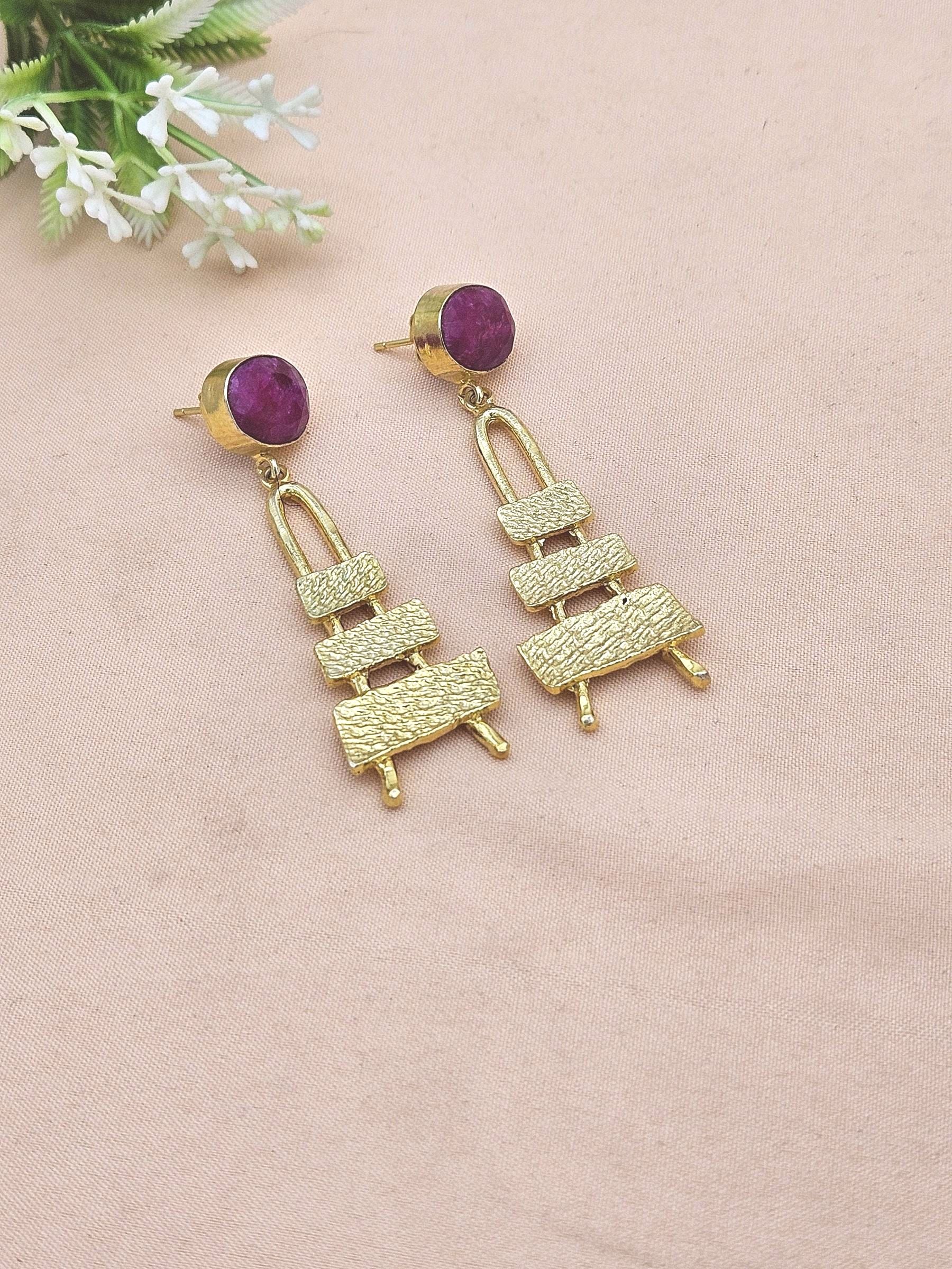 Stylish Red Hathipara Stone Dangle Earrings- Gold plated Handmade Jewelry for Women