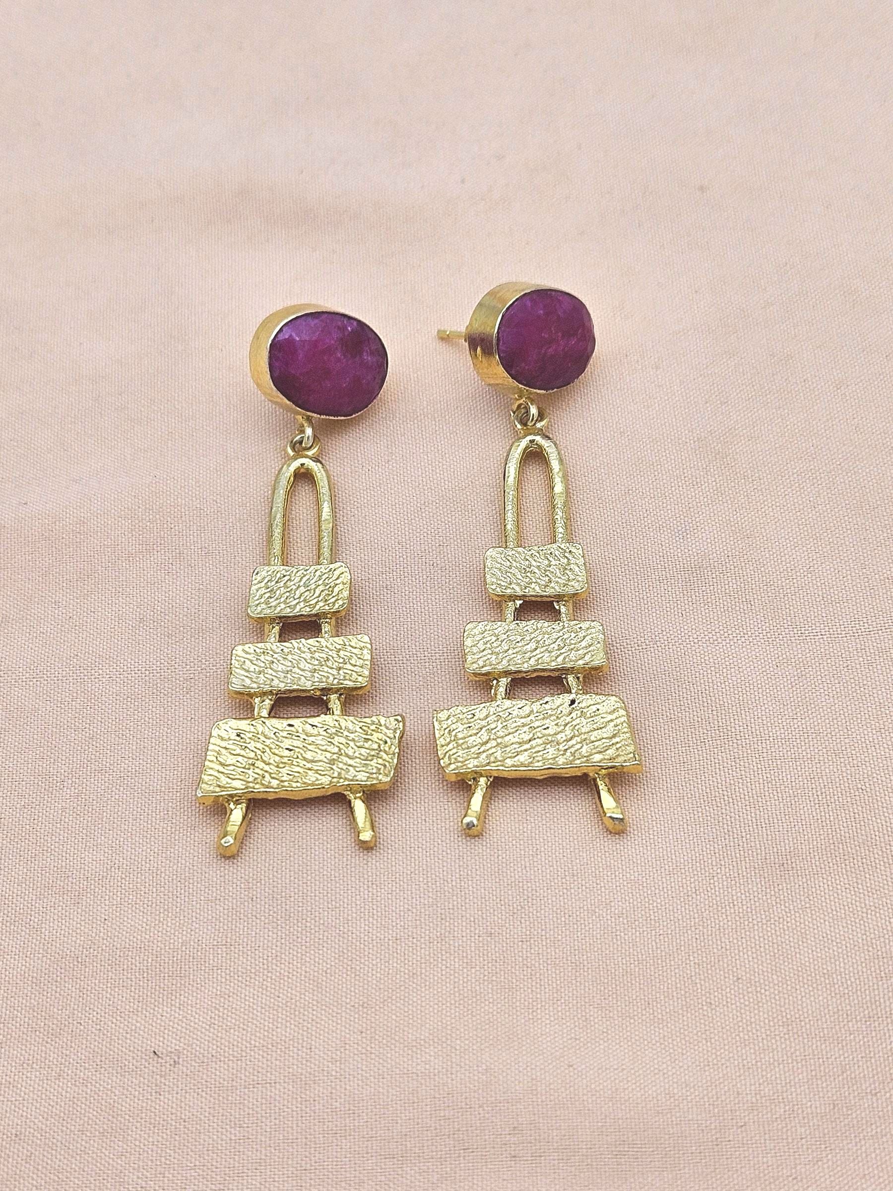 Stylish Red Hathipara Stone Dangle Earrings- Gold plated Handmade Jewelry for Women