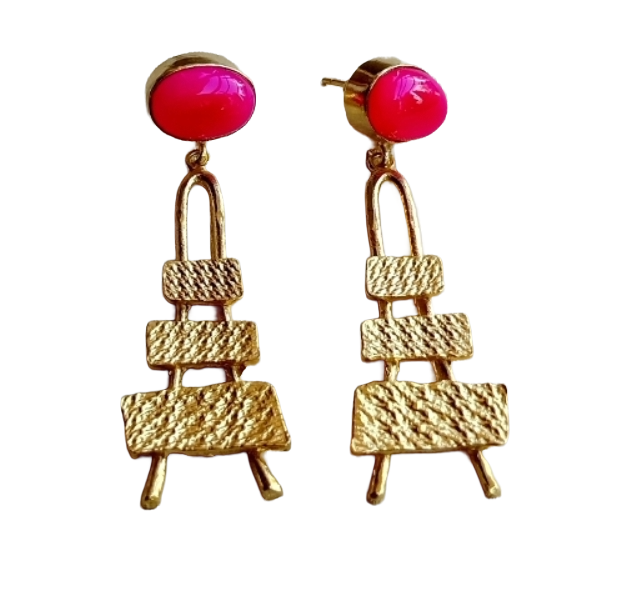 Stylish Pink Onyx Dangle Earrings- Gold plated Handmade Jewelry for Women