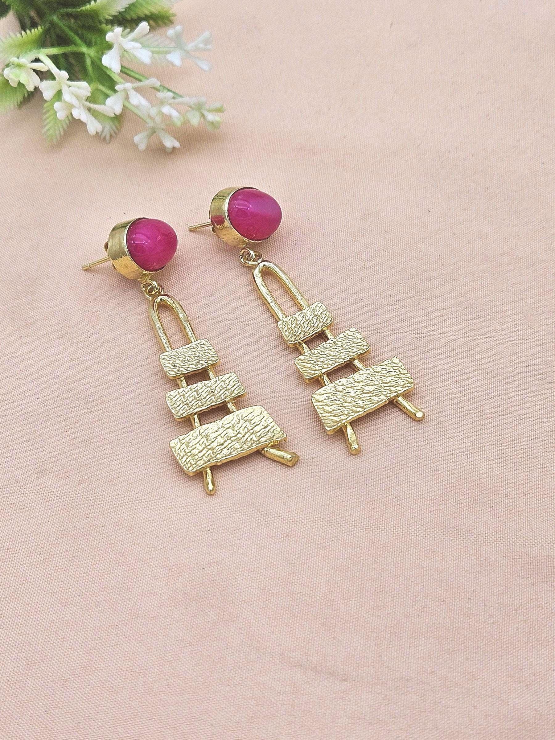 Stylish Pink Onyx Dangle Earrings- Gold plated Handmade Jewelry for Women