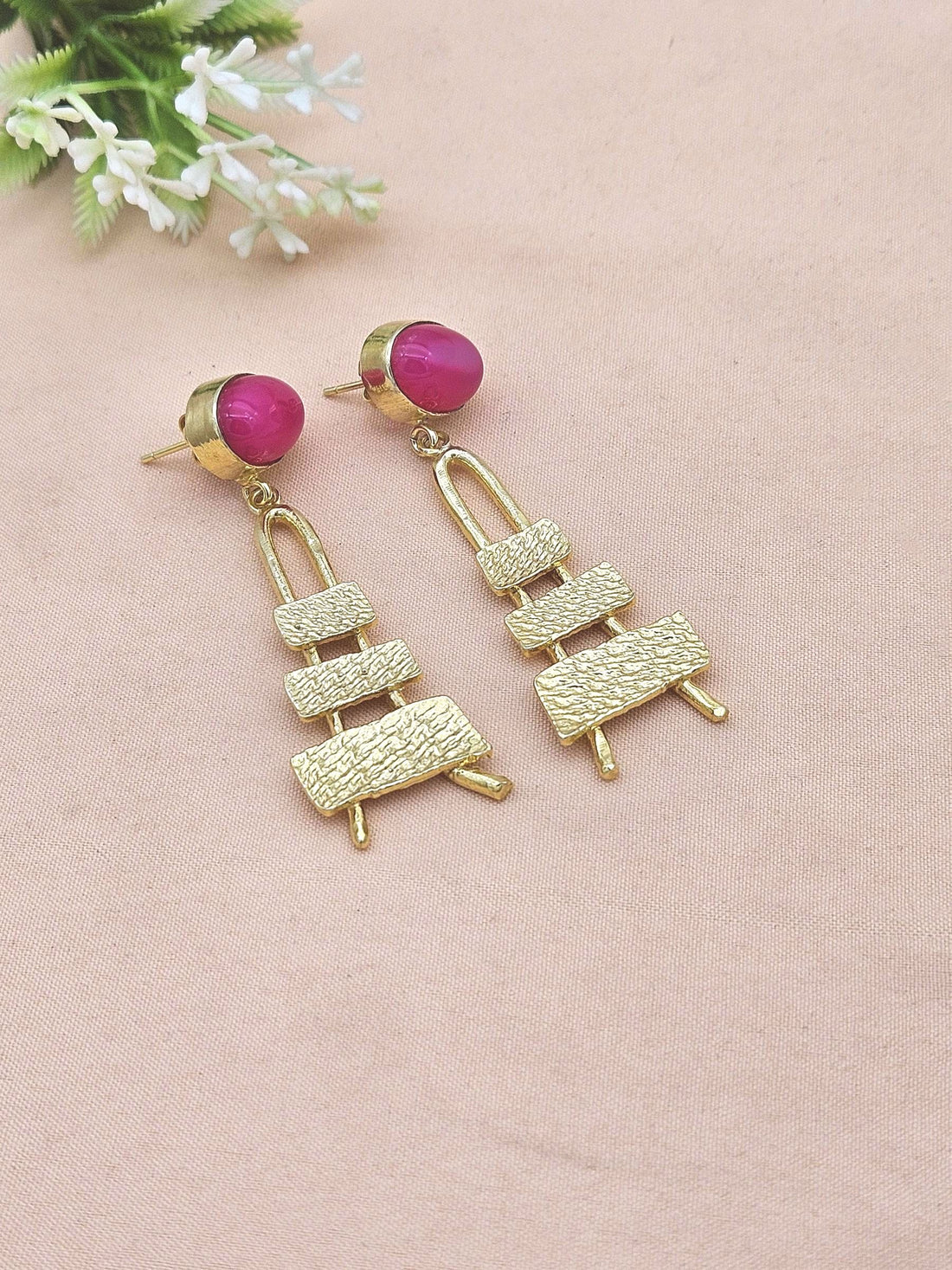 Stylish Pink Onyx Dangle Earrings- Gold plated Handmade Jewelry for Women
