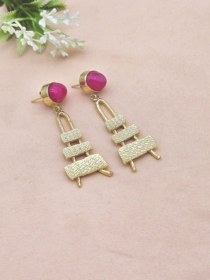Stylish Pink Onyx Dangle Earrings- Gold plated Handmade Jewelry for Women