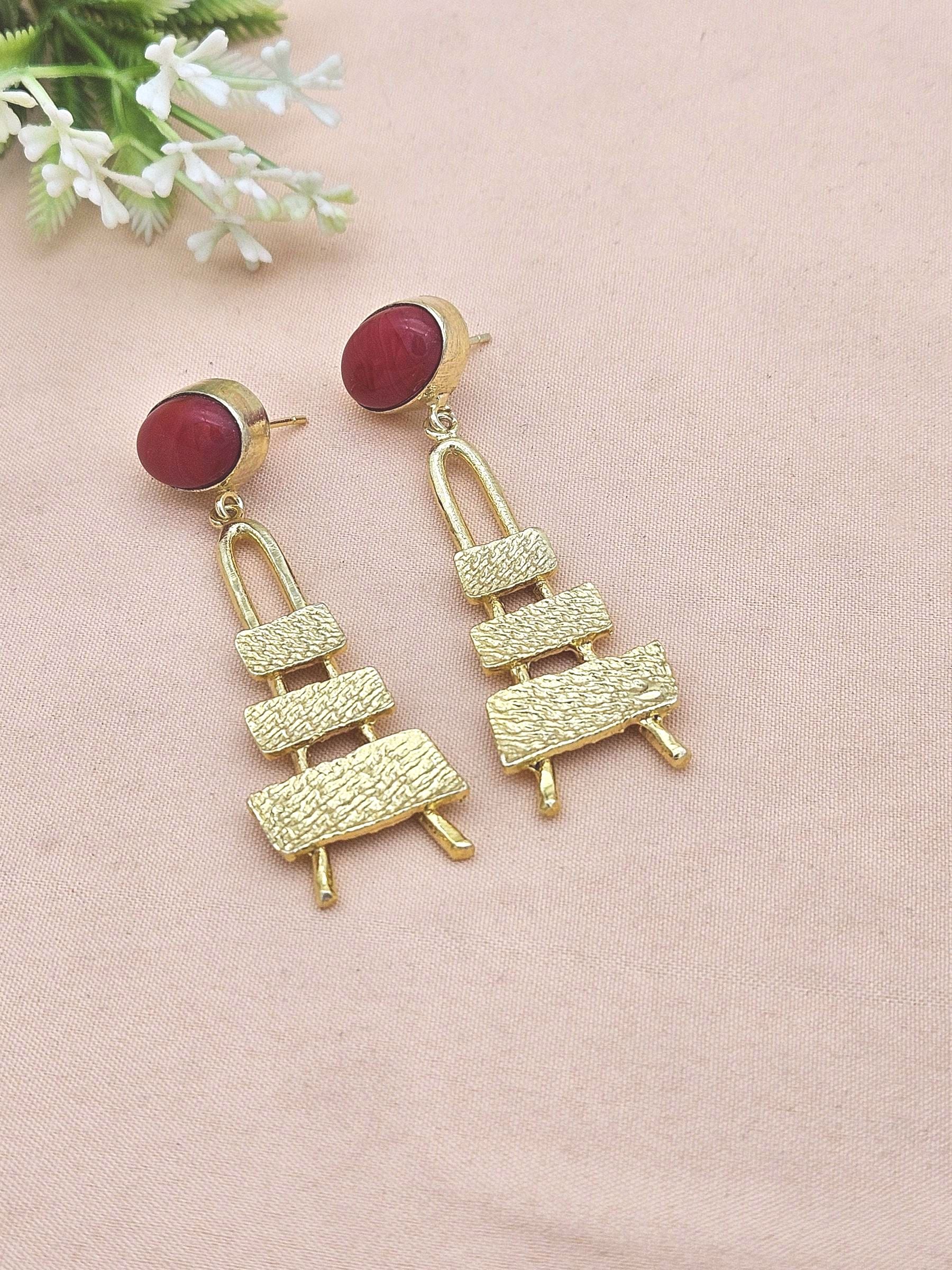 Stylish Coral Stone Dangle Earrings- Gold plated Handmade Jewelry for Women