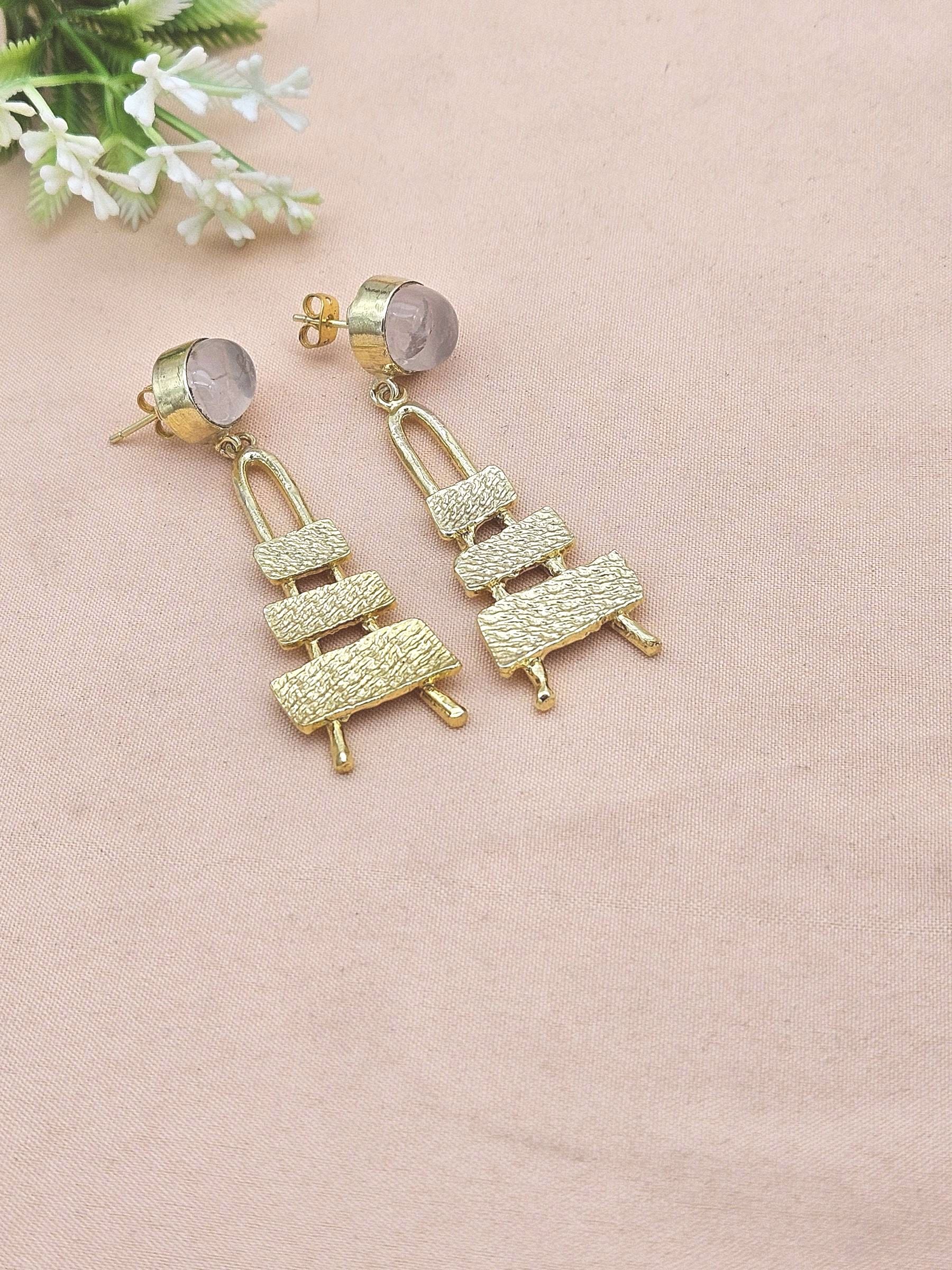 Stylish Rose Quartz Stone Dangle Earrings- Gold plated Handmade Jewelry for Women