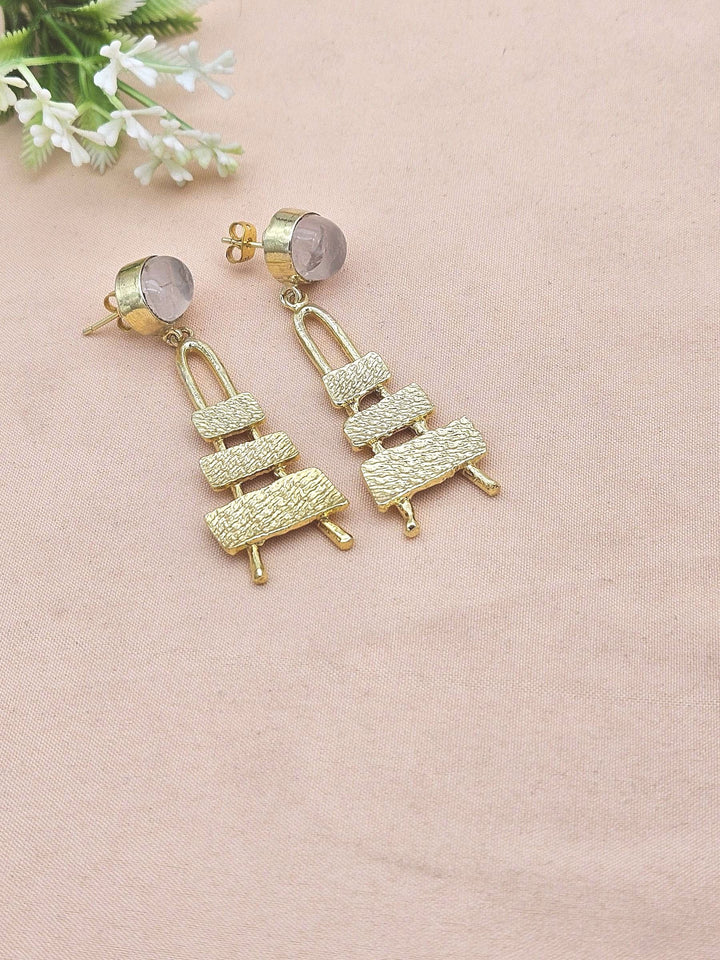 Stylish Rose Quartz Stone Dangle Earrings- Gold plated Handmade Jewelry for Women