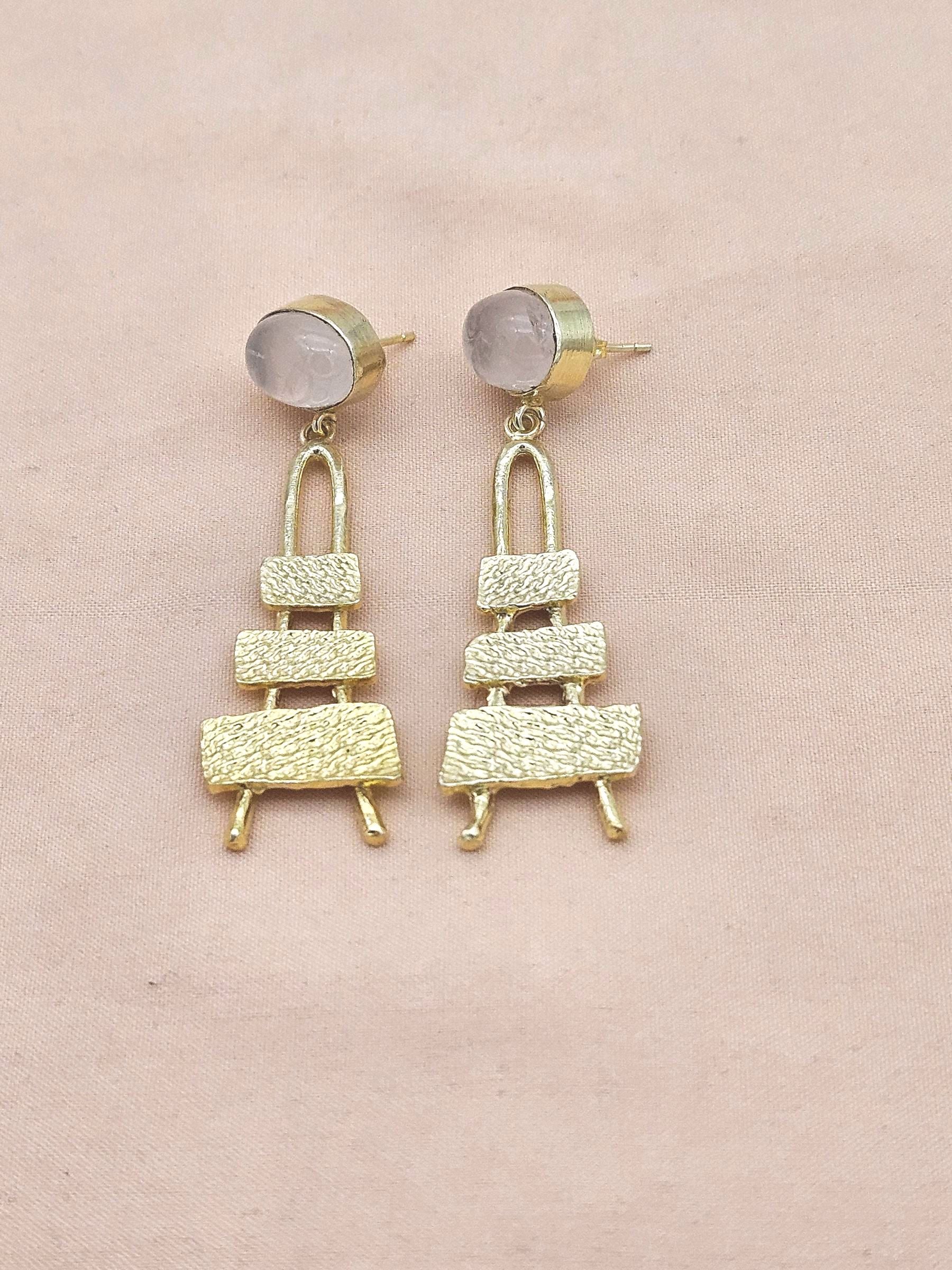 Stylish Rose Quartz Stone Dangle Earrings- Gold plated Handmade Jewelry for Women