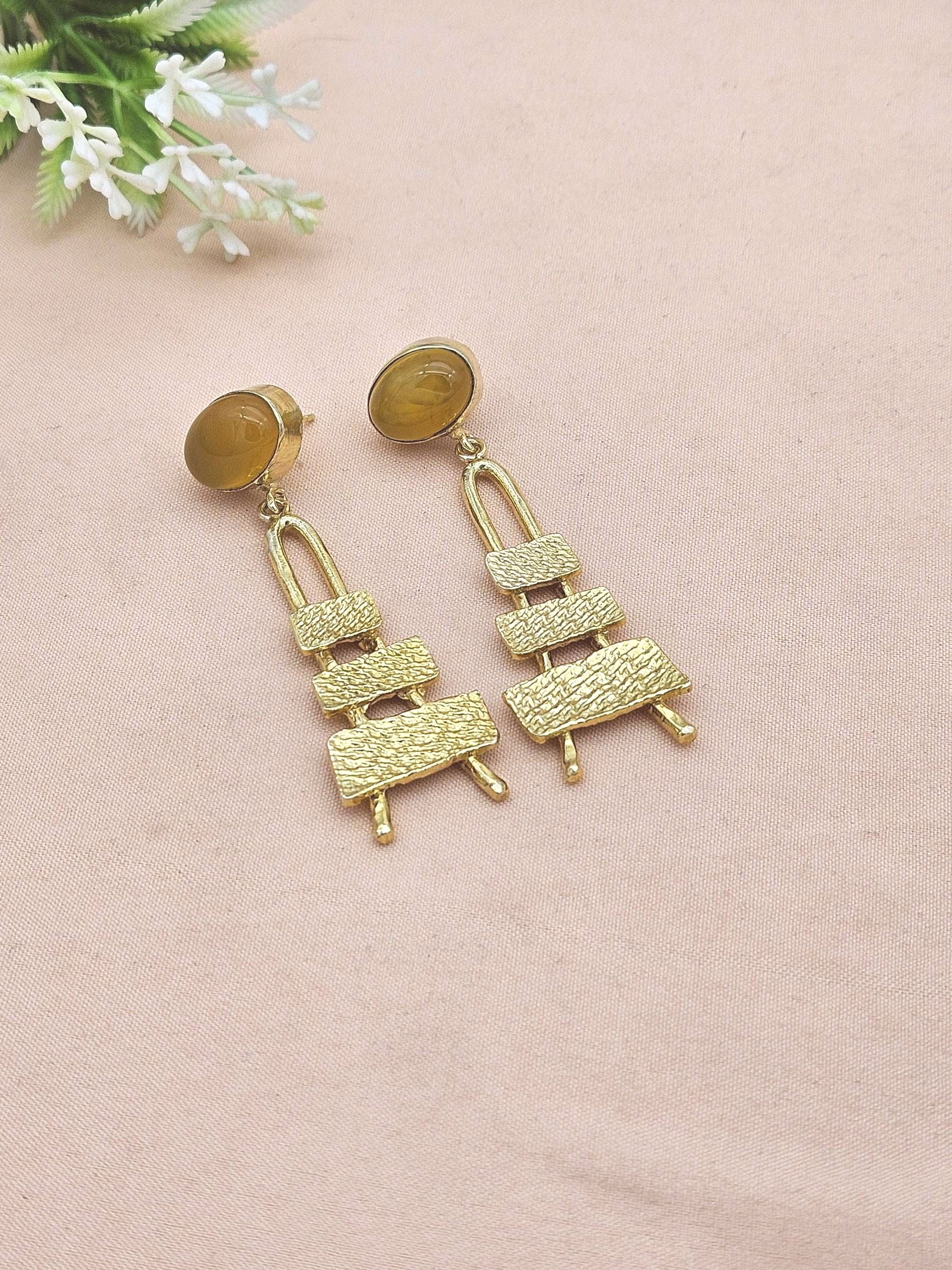 Stylish Yellow Chalcedony Stone Dangle Earrings- Gold plated Handmade Jewelry for Women