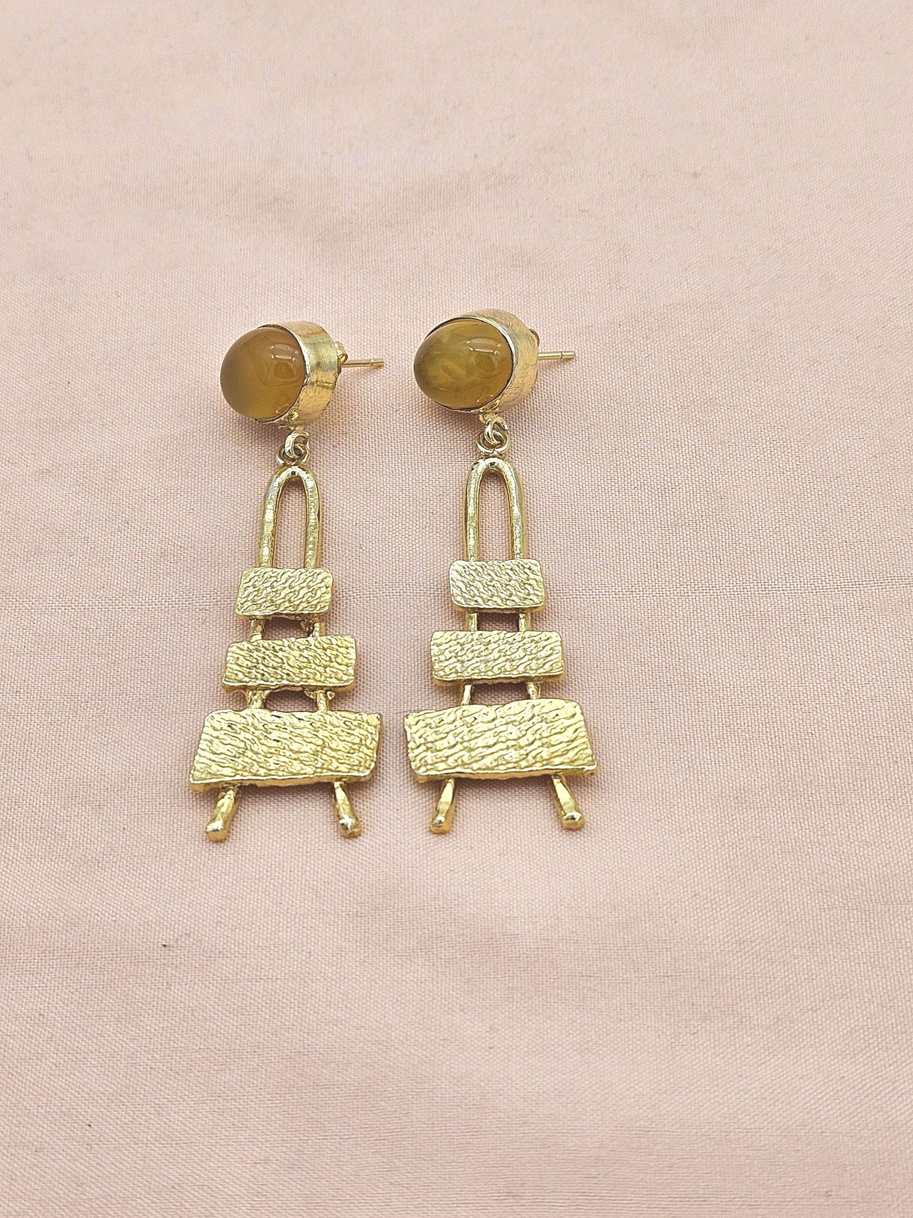 Stylish Yellow Chalcedony Stone Dangle Earrings- Gold plated Handmade Jewelry for Women
