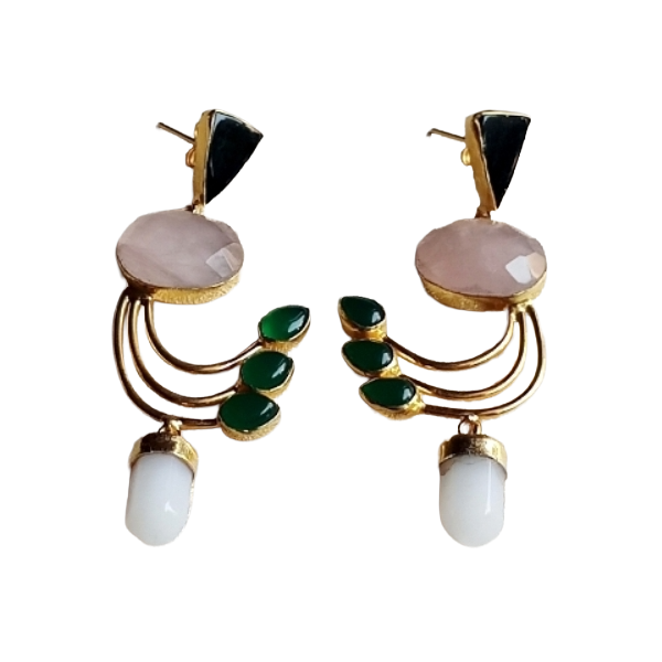 Artisan Multi Onyx & Rose Quartz Designer Dangle Earrings – Elegant Gold Plated Jewelry