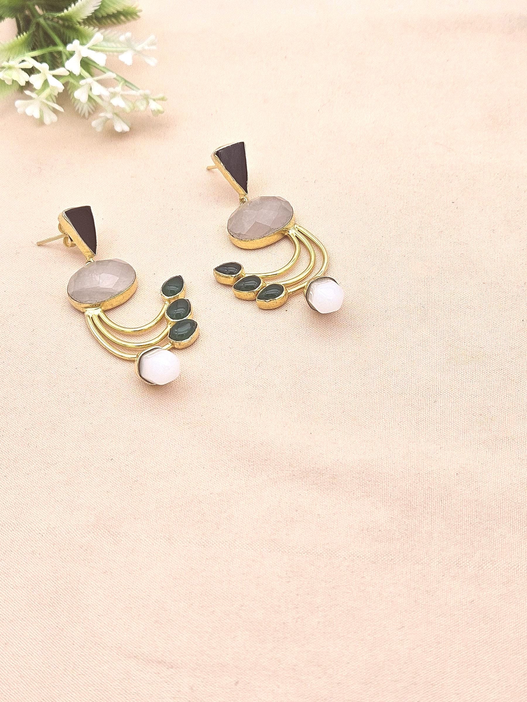 Artisan Multi Onyx & Rose Quartz Designer Dangle Earrings – Elegant Gold Plated Jewelry