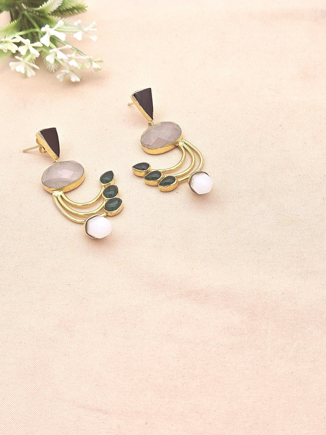 Artisan Multi Onyx & Rose Quartz Designer Dangle Earrings – Elegant Gold Plated Jewelry