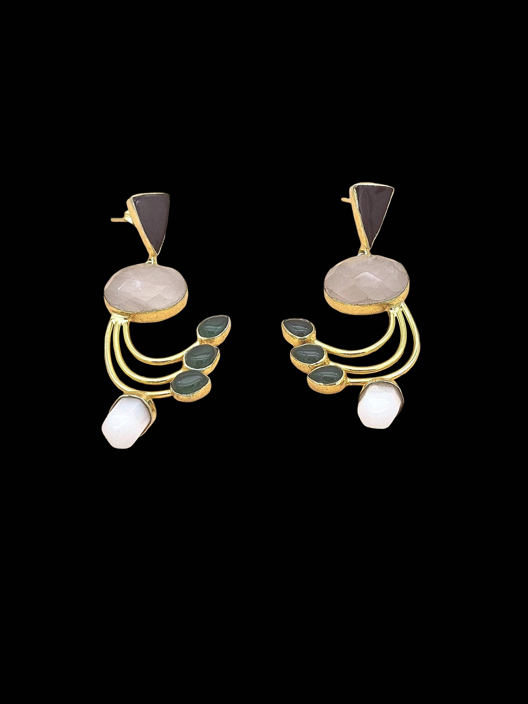 Artisan Multi Onyx & Rose Quartz Designer Dangle Earrings – Elegant Gold Plated Jewelry
