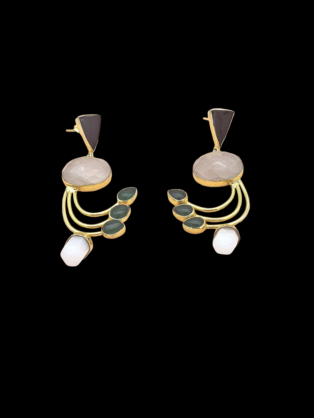 Artisan Multi Onyx & Rose Quartz Designer Dangle Earrings – Elegant Gold Plated Jewelry