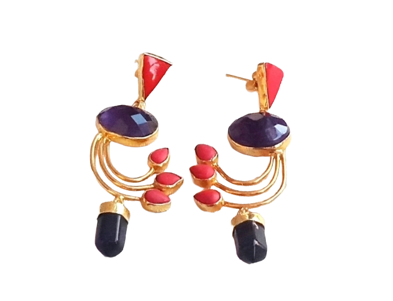 Artisan Coral-Amethyst Designer Dangle Earrings – Elegant Gold Plated Jewelry