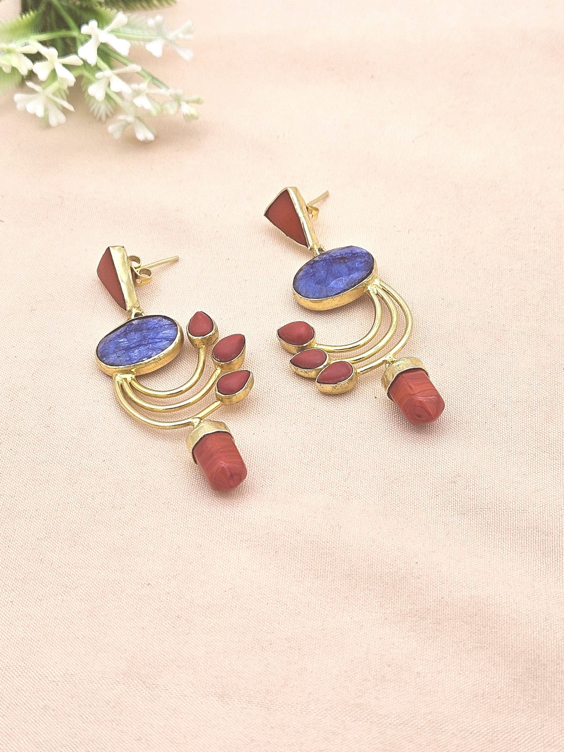 Artisan Coral-Amethyst Designer Dangle Earrings – Elegant Gold Plated Jewelry