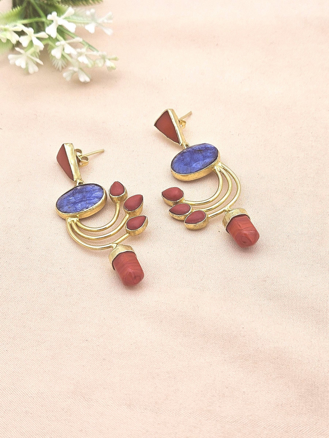 Artisan Coral-Amethyst Designer Dangle Earrings – Elegant Gold Plated Jewelry