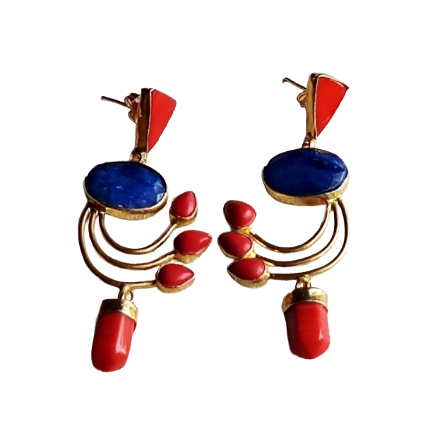 Artisan Coral-Blue Hathipara Designer Dangle Earrings – Elegant Gold Plated Jewelry