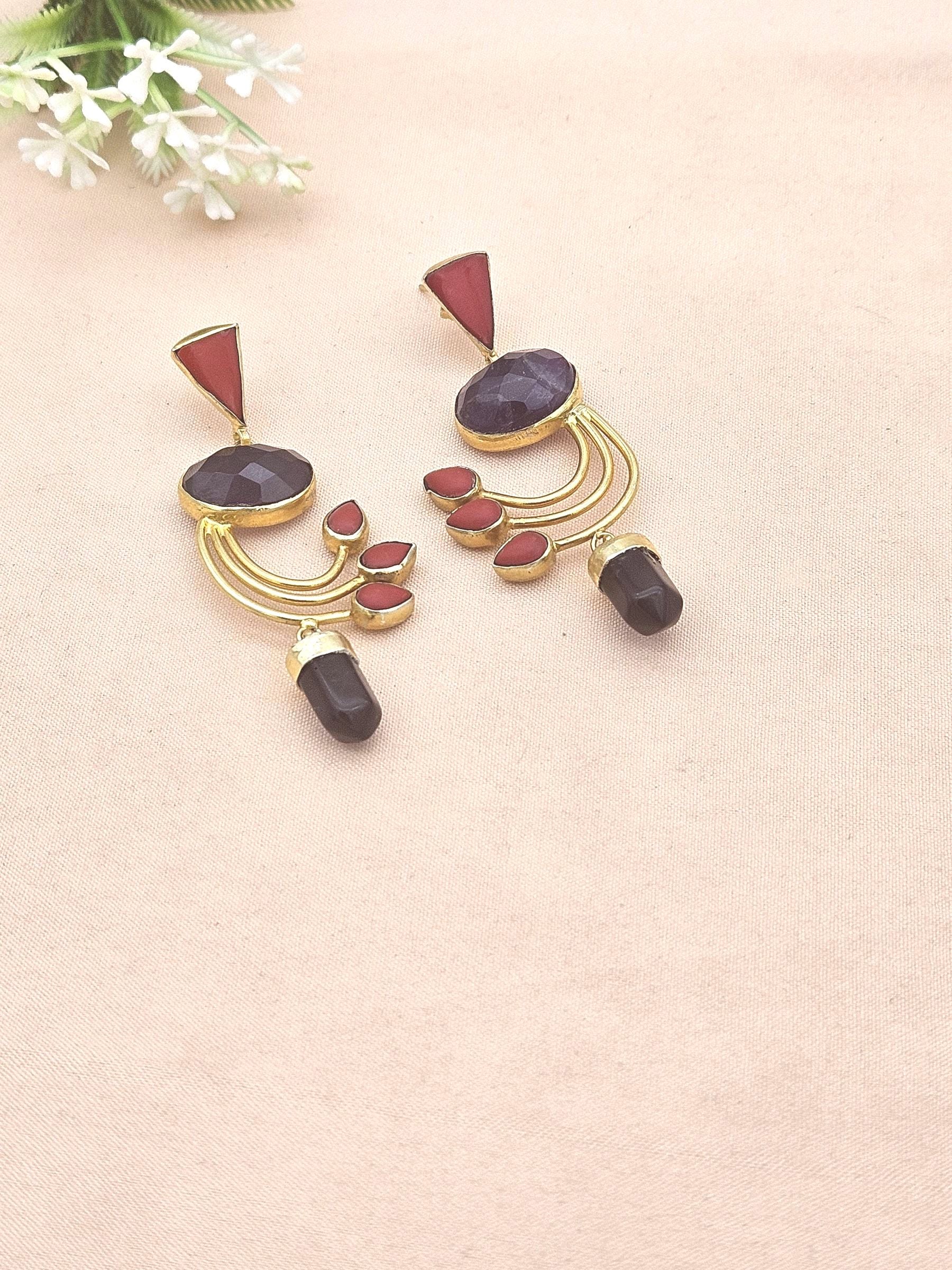 Artisan Coral-Blue Hathipara Designer Dangle Earrings – Elegant Gold Plated Jewelry