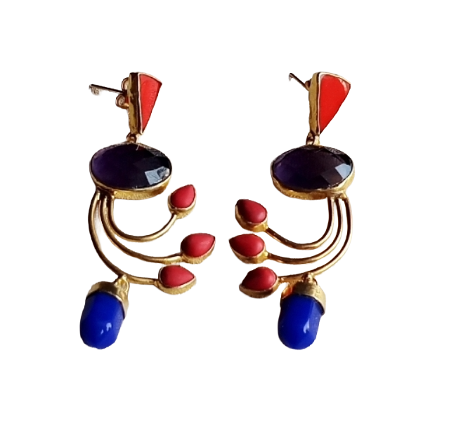 Artisan Coral-Amethyst-Blue Onyx Designer Dangle Earrings – Elegant Gold Plated Jewelry